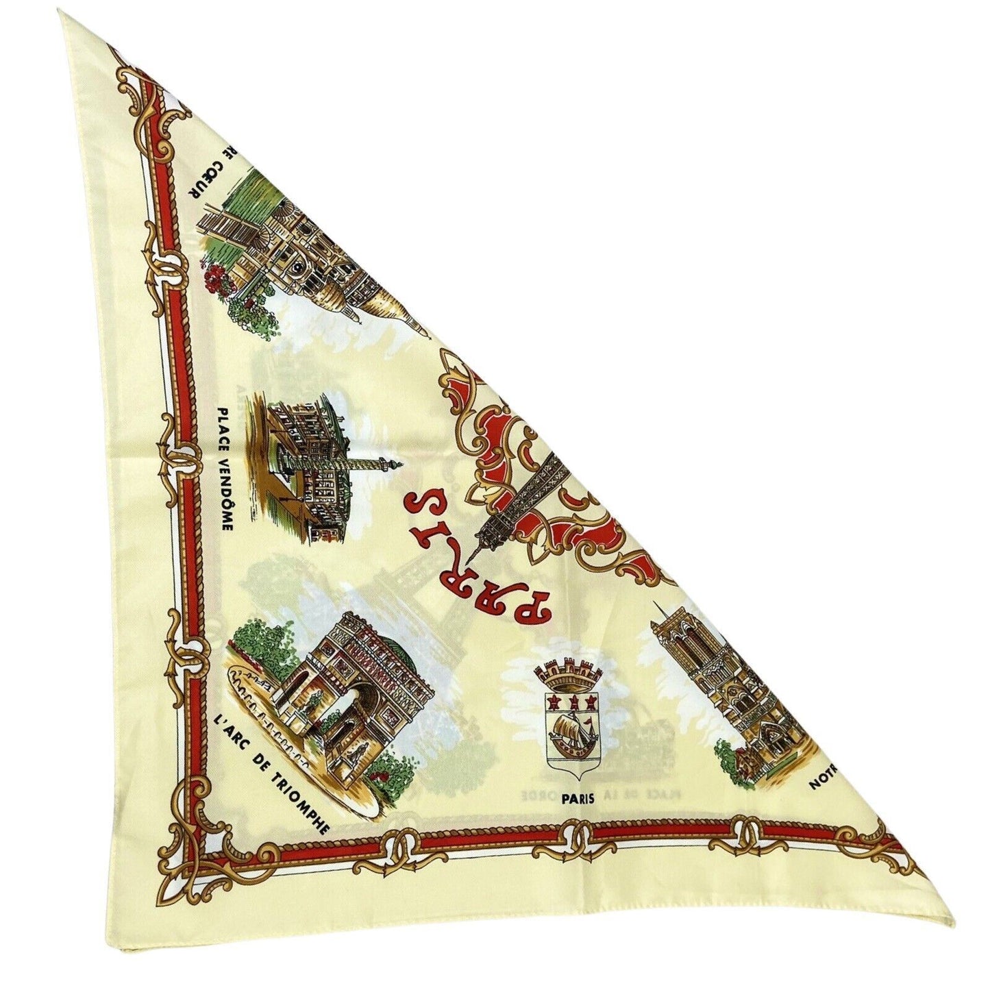 Vintage 90s 00s Cream Red Paris Graphic Print Patterned Scarf
