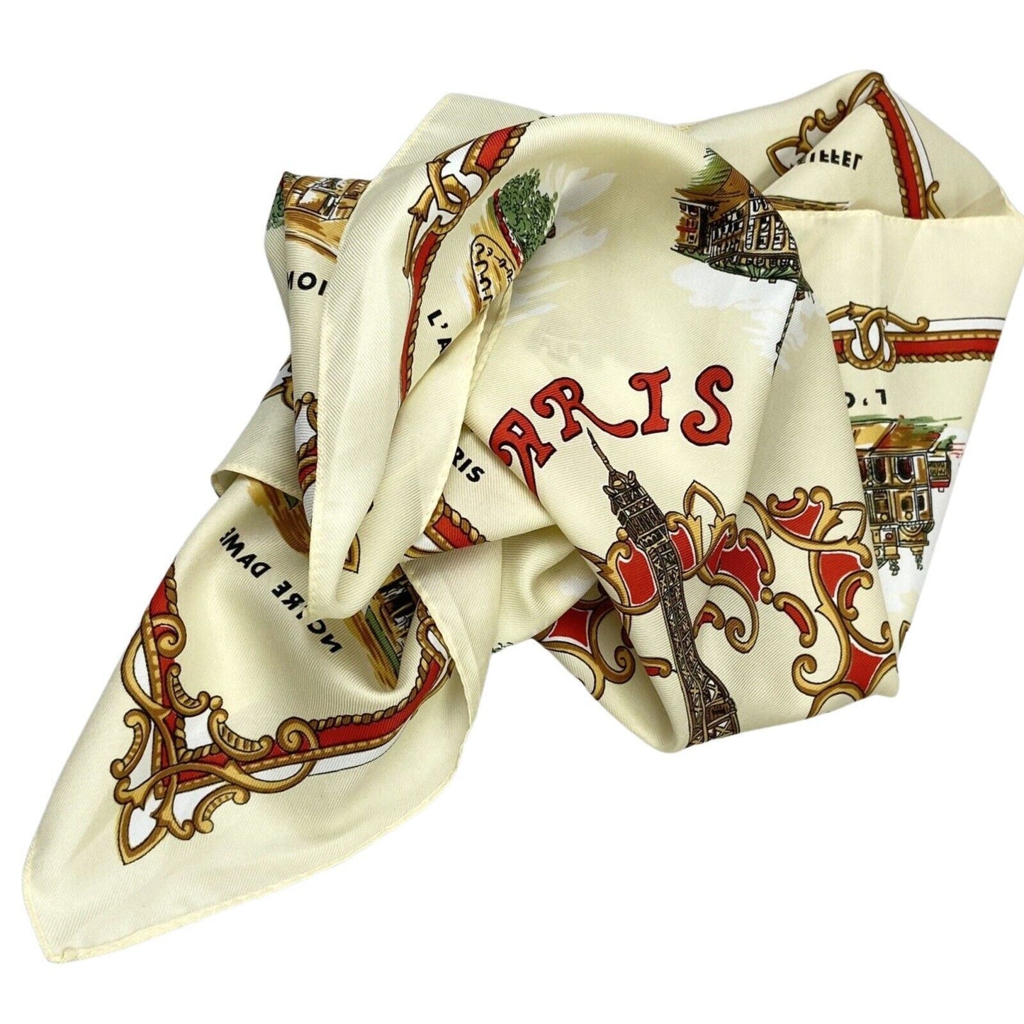 Vintage 90s 00s Cream Red Paris Graphic Print Patterned Scarf