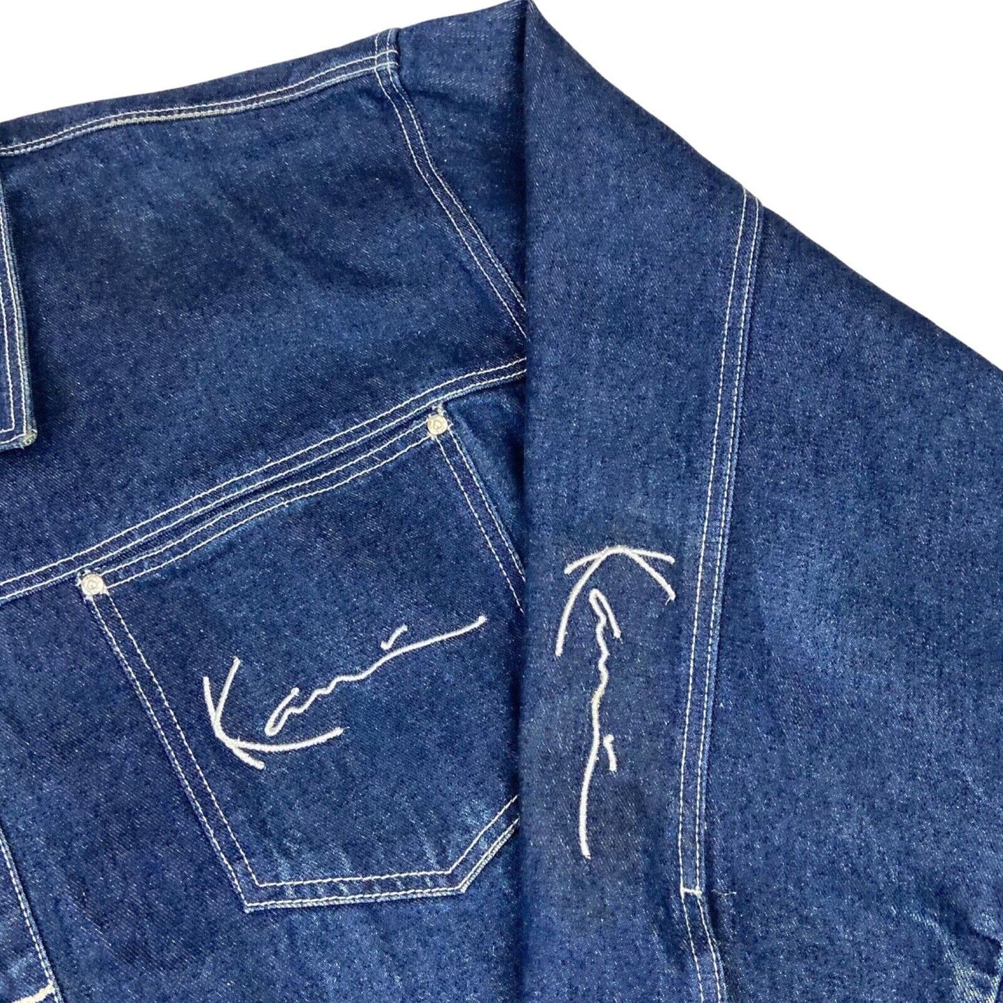 VTG 90s INDIGO KARL KANI JEANS OVERSIZED DENIM CHORE JACKET 58” (54) XXXL