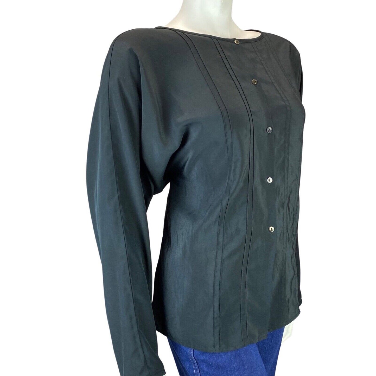 Vintage 90s 80s Black Button Down Round Neck Cacharel Blouse 14 16 L