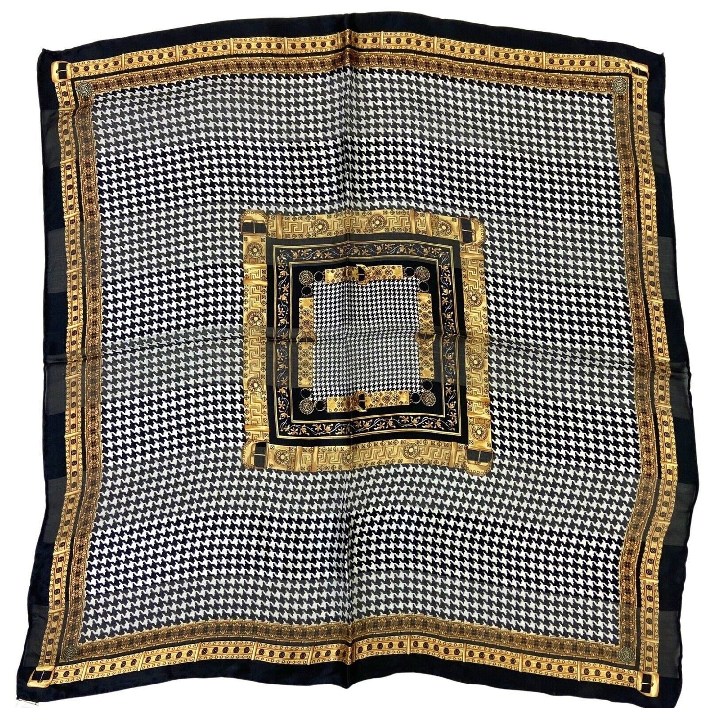 Vintage 90s 00s Black White Gold Geometric Dogtooth Patterned 100% Silk Scarf