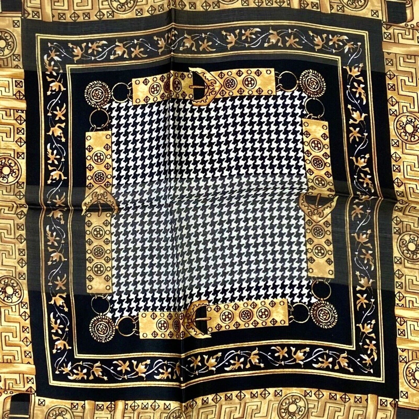 Vintage 90s 00s Black White Gold Geometric Dogtooth Patterned 100% Silk Scarf