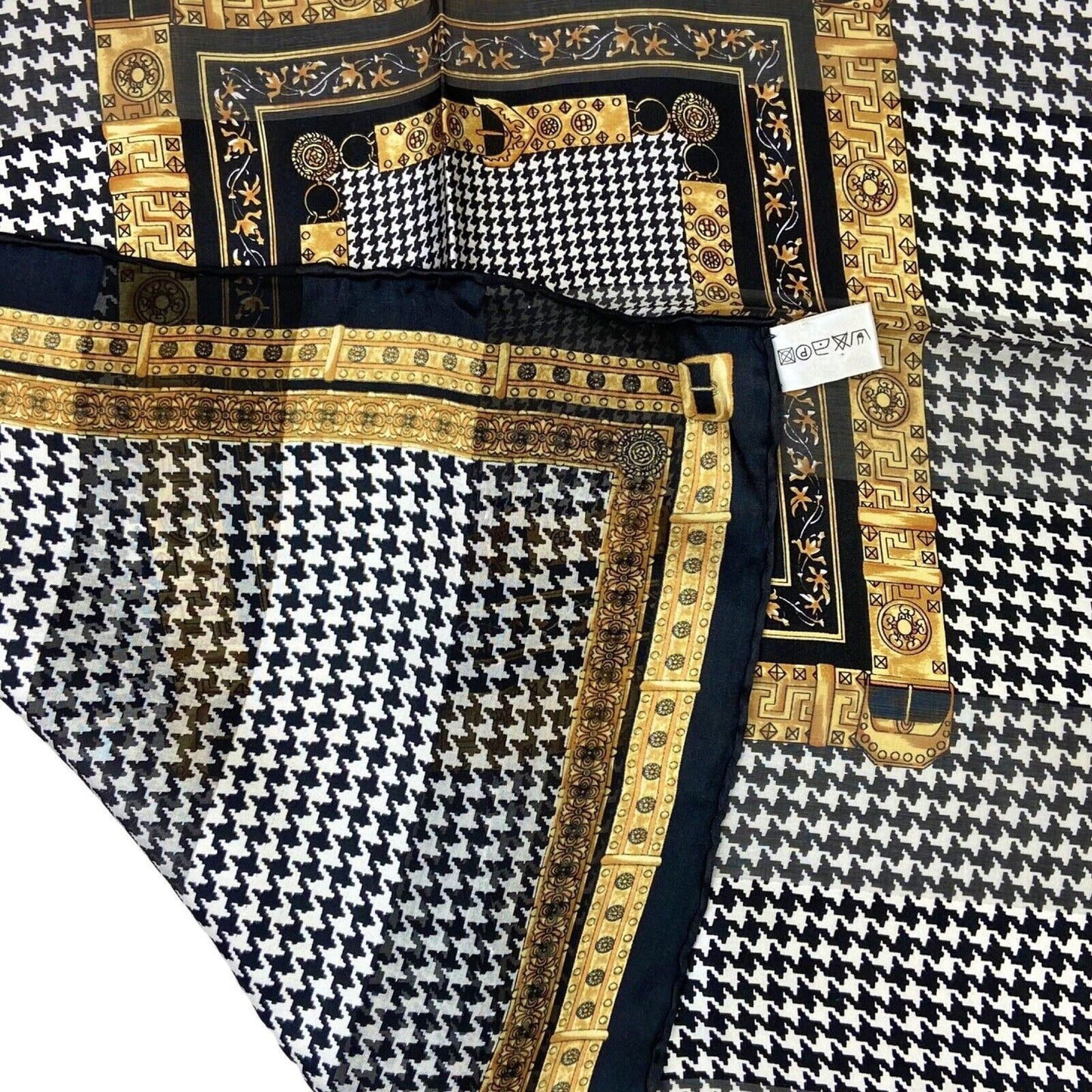 Vintage 90s 00s Black White Gold Geometric Dogtooth Patterned 100% Silk Scarf