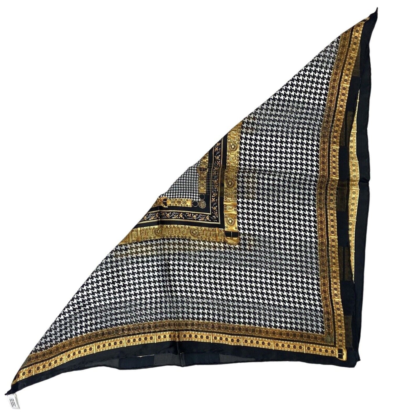 Vintage 90s 00s Black White Gold Geometric Dogtooth Patterned 100% Silk Scarf
