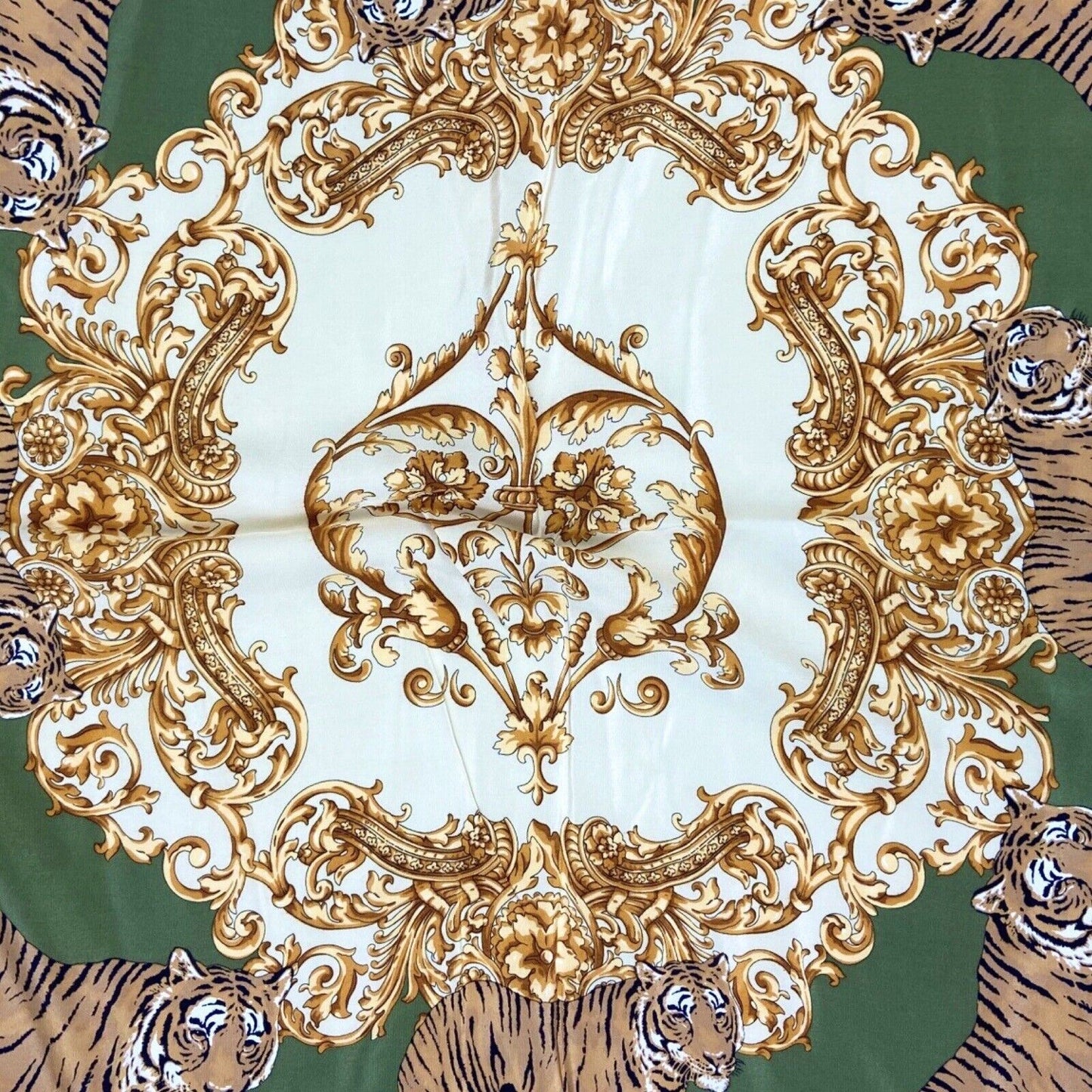 Vintage 90s 00s Green Gold Tiger Graphic Print Filigree Ornamental Silk Scarf