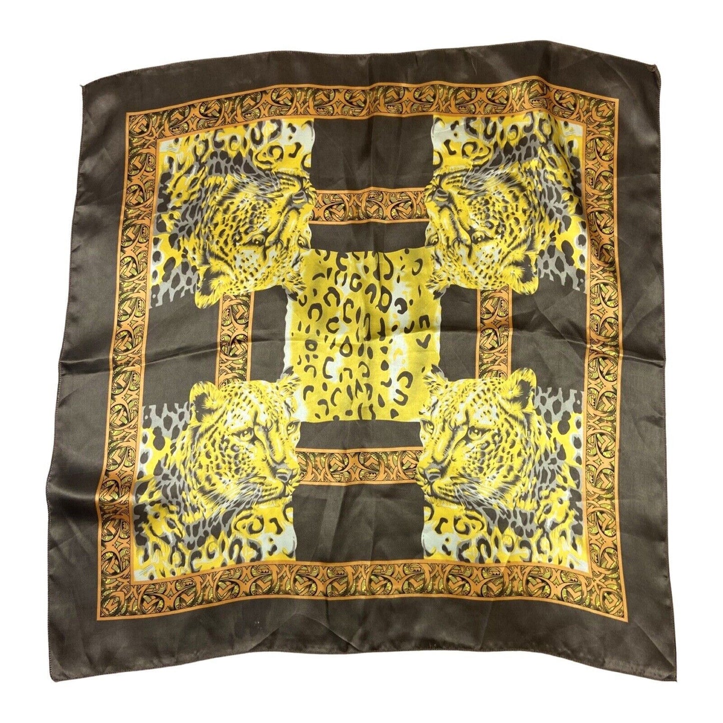 Vintage 90s 00s Brown Yellow Orange Leopard Print Patterned Scarf