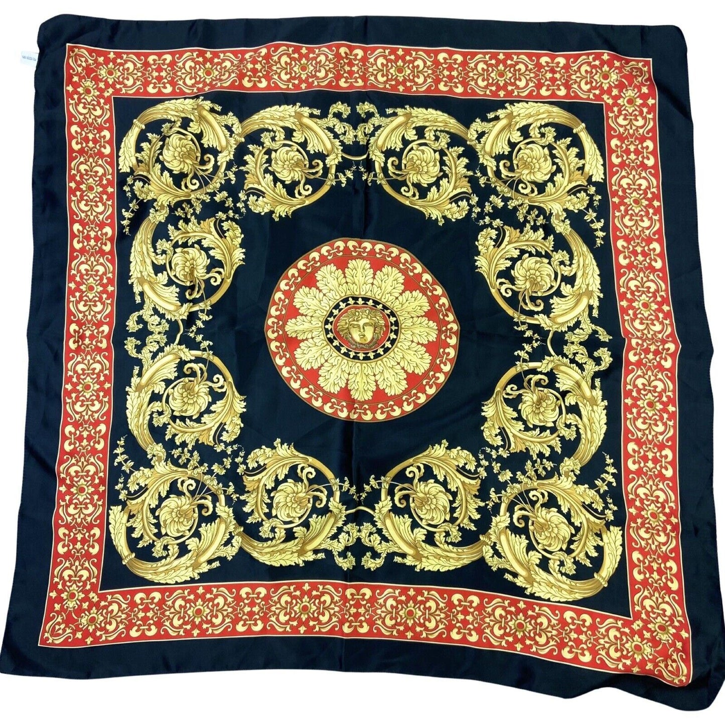 Vintage 90s 00s Black Red Gold Filigree Ornamental Patterned Print Scarf