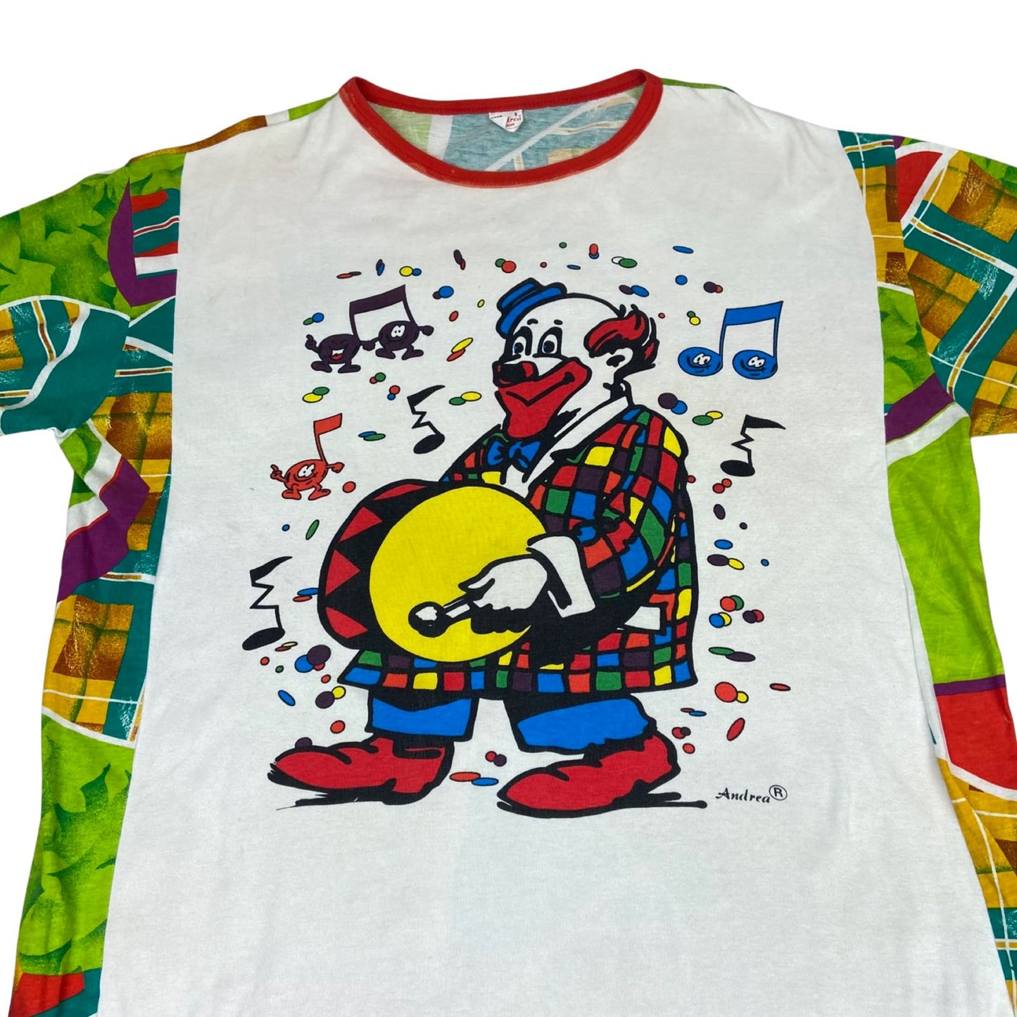 Vintage 80s White Multicoloured Geometric Patterned Clown Graphic T-Shirt XXL