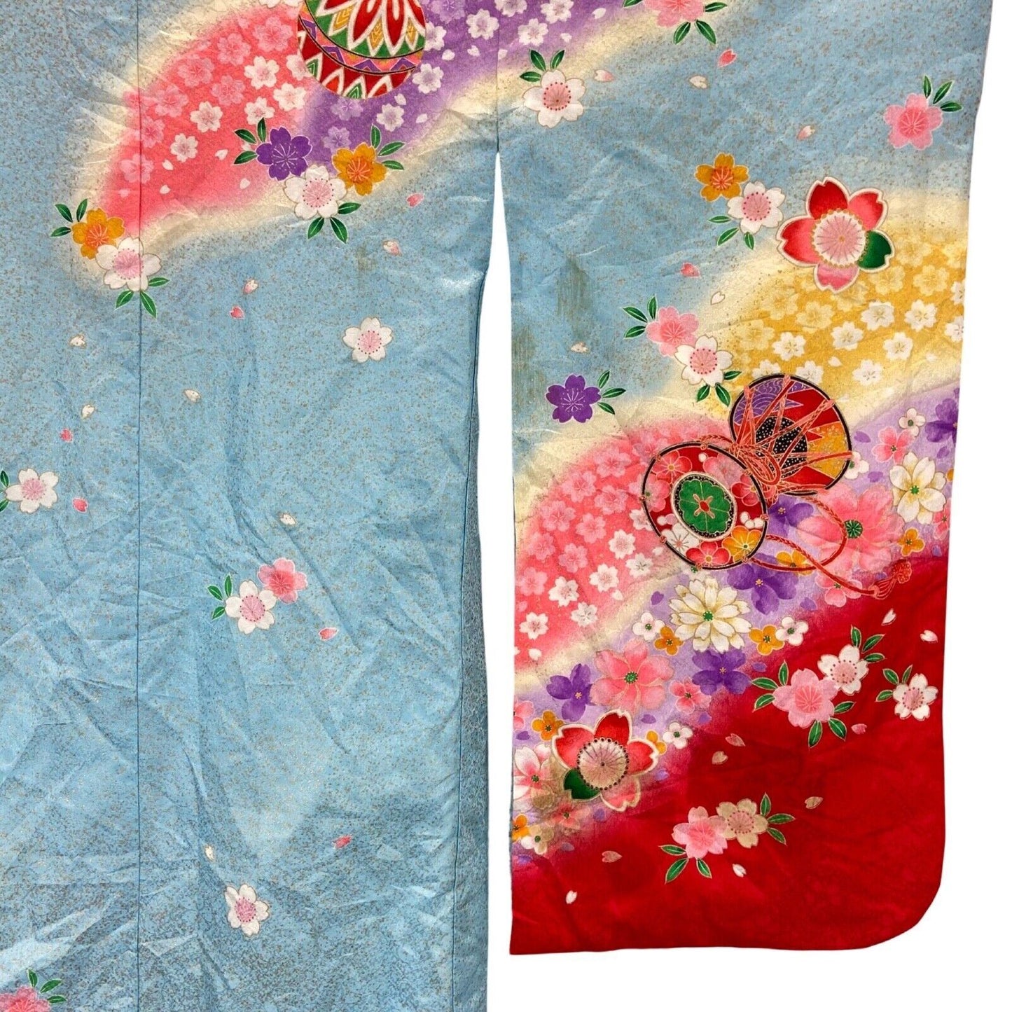 Vintage Blue Red Gold Silk Floral Komon Kimono 12 M