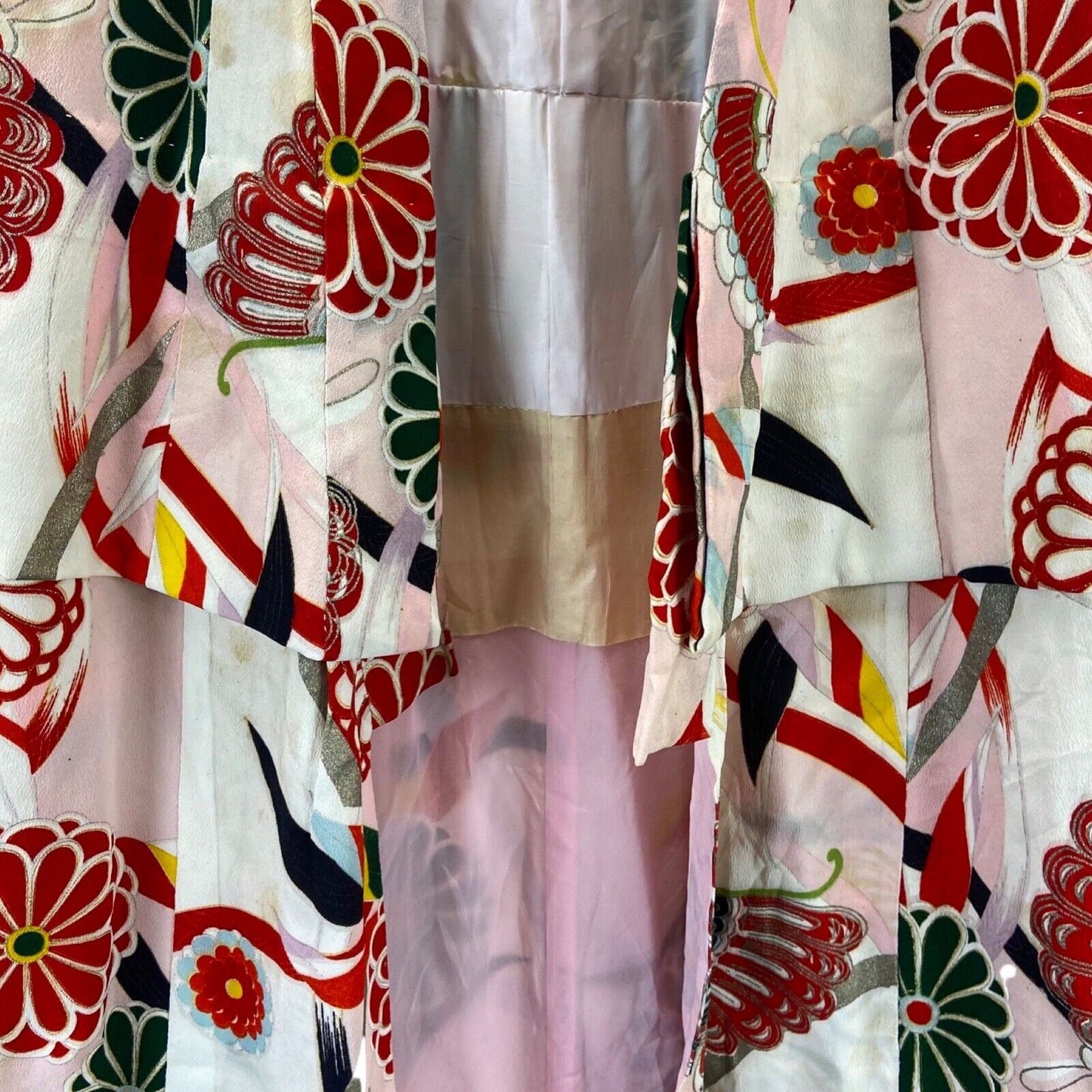 Vintage 60s 70s Pink Green Silk Floral Butterfly Komon Showa Kimono 12 M