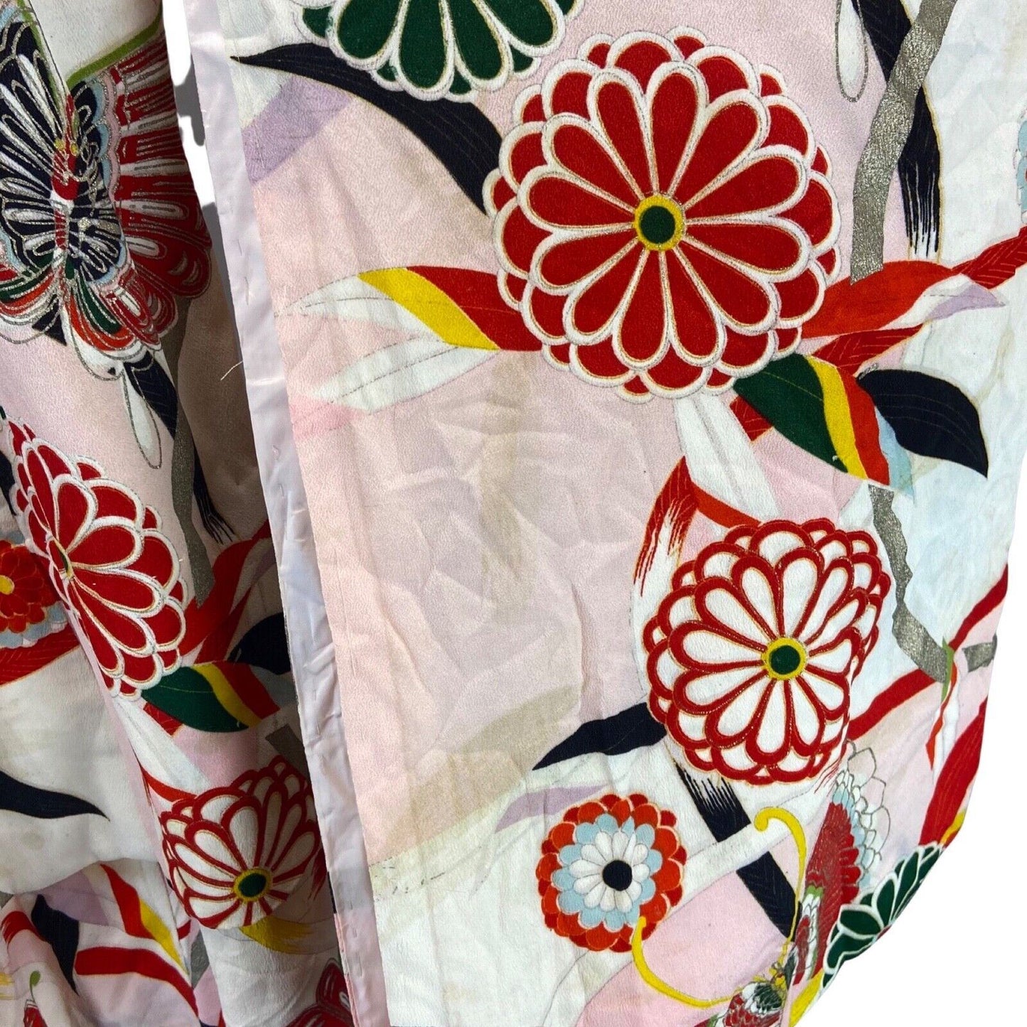 Vintage 60s 70s Pink Green Silk Floral Butterfly Komon Showa Kimono 12 M