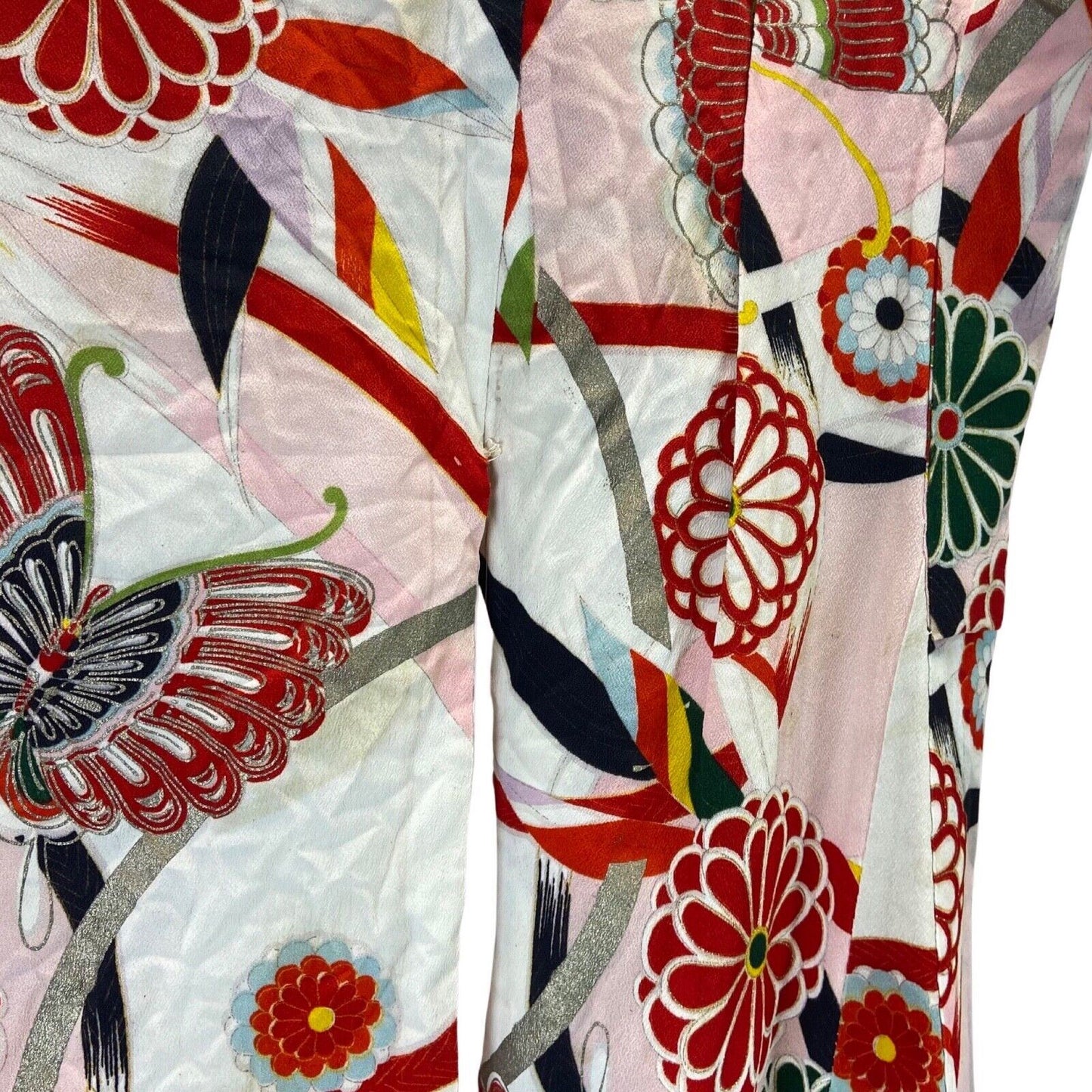 Vintage 60s 70s Pink Green Silk Floral Butterfly Komon Showa Kimono 12 M