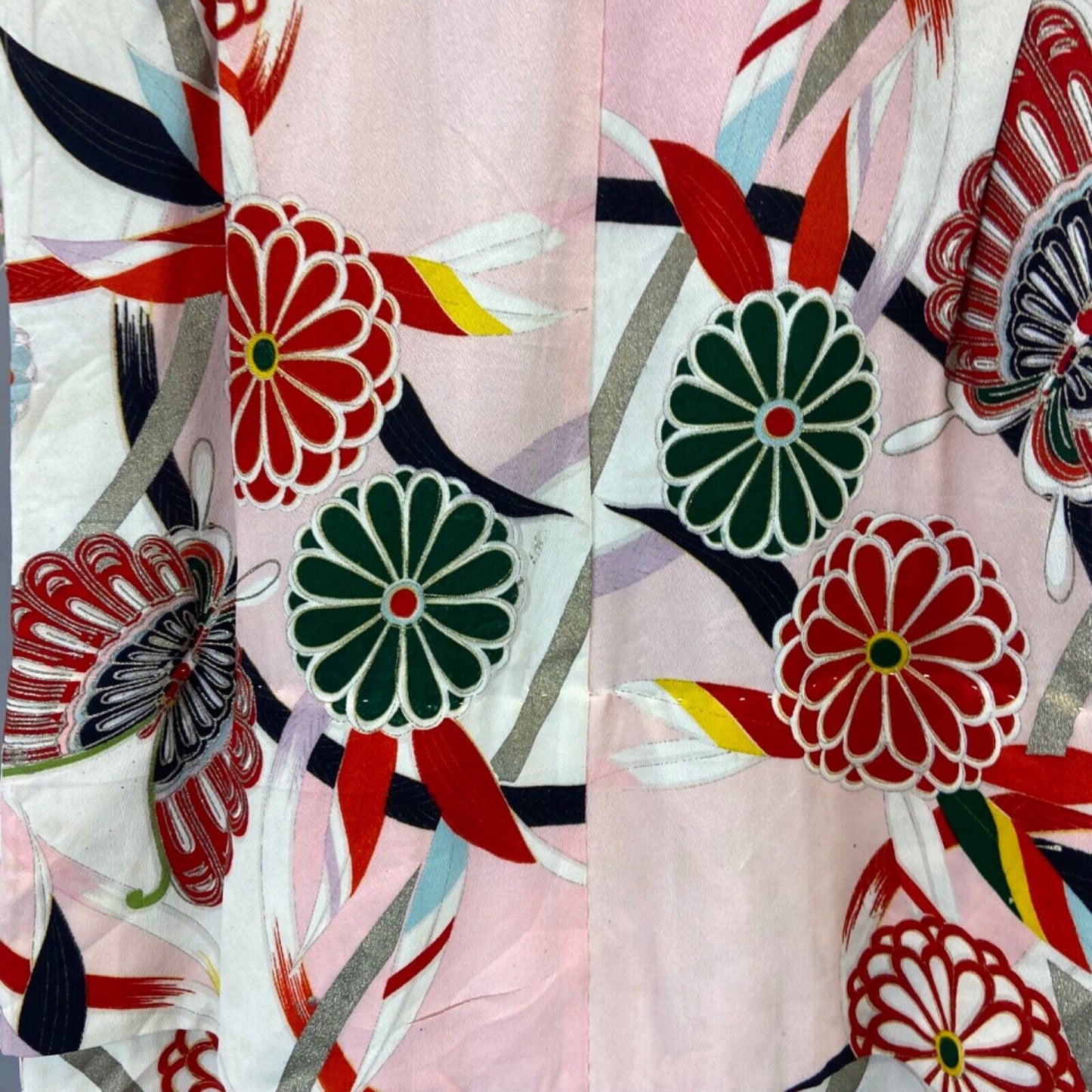 Vintage 60s 70s Pink Green Silk Floral Butterfly Komon Showa Kimono 12 M