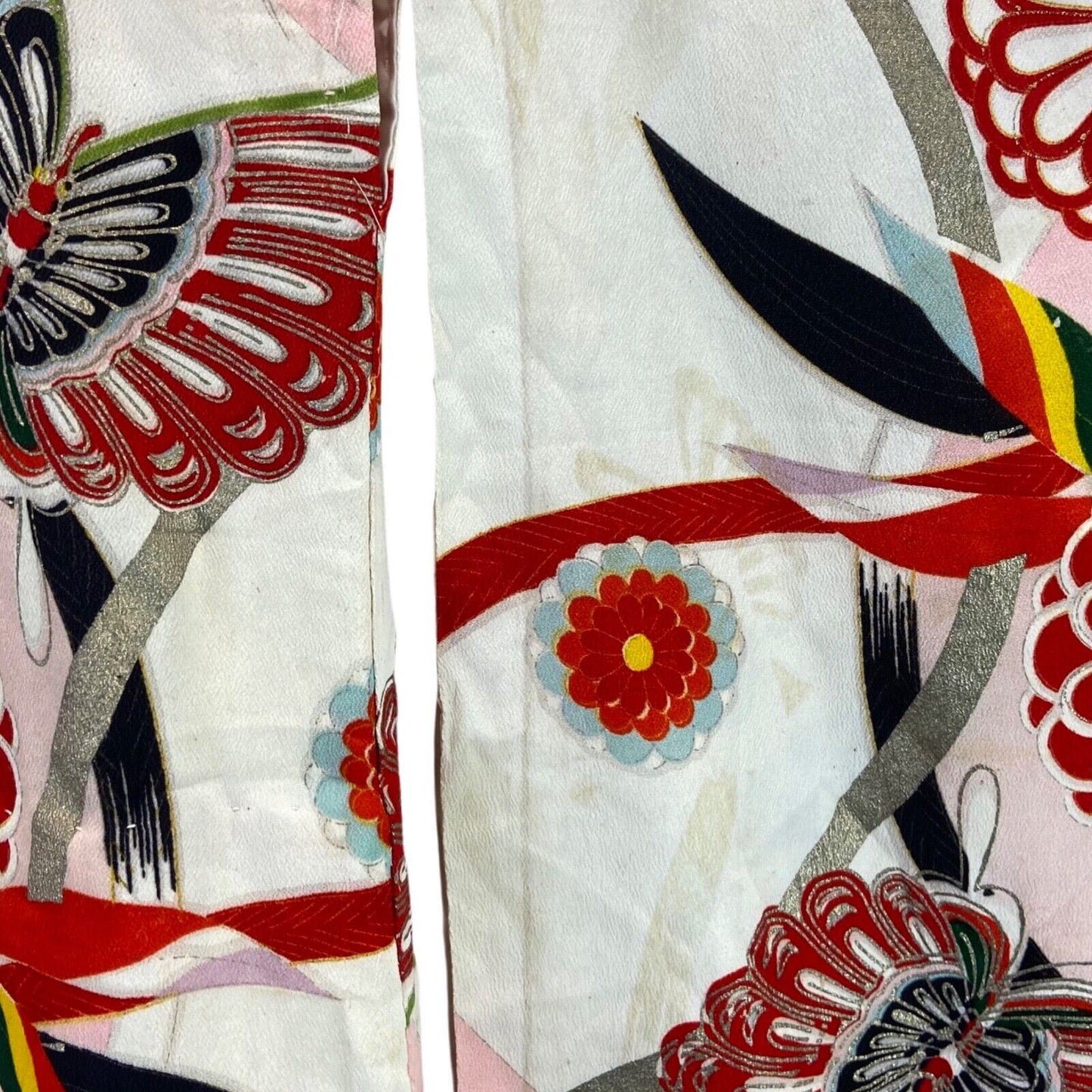 Vintage 60s 70s Pink Green Silk Floral Butterfly Komon Showa Kimono 12 M