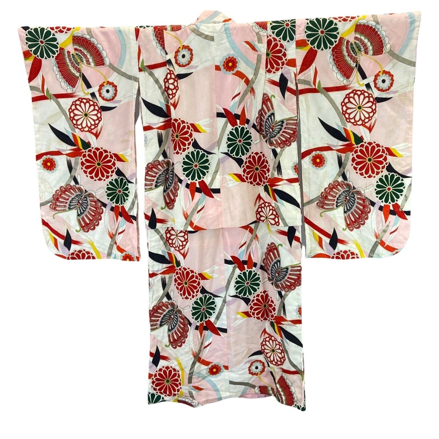 Vintage 60s 70s Pink Green Silk Floral Butterfly Komon Showa Kimono 12 M