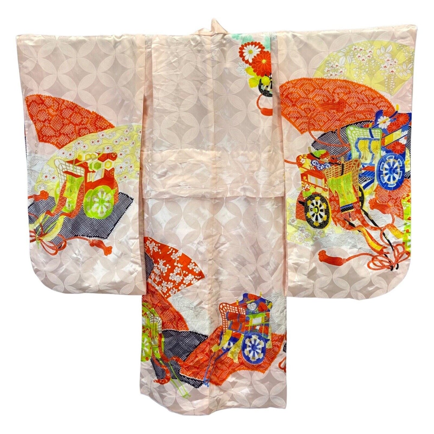 VNTG 70s 80s Pink Orange Floral Embroidered Showa Komon Haori Kimono 8 10 S