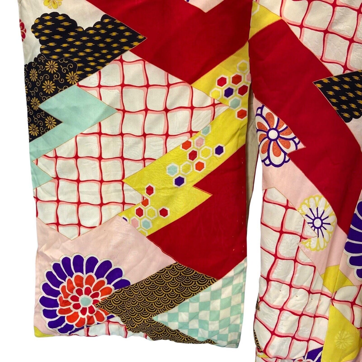 Vintage 60s 70s Pink Red Silk Floral Geometric Komon Showa Kimono 16 L