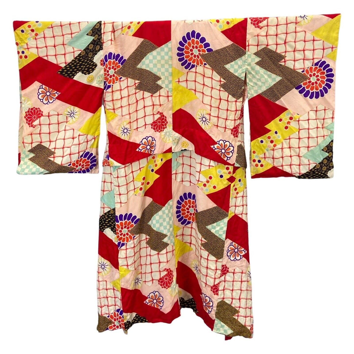 Vintage 60s 70s Pink Red Silk Floral Geometric Komon Showa Kimono 16 L