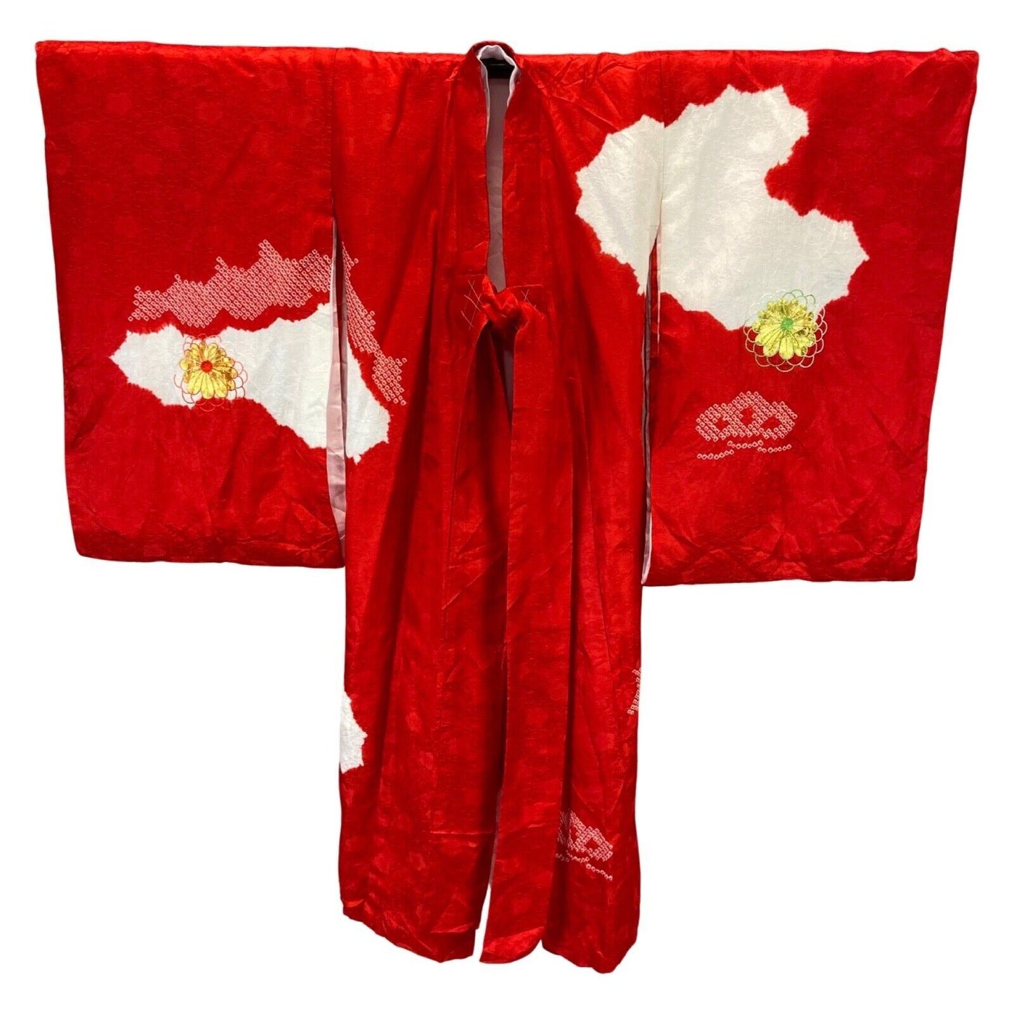 Vintage 70s 80s Red White Gold Floral Embroidered Haori Kimono 6 XS