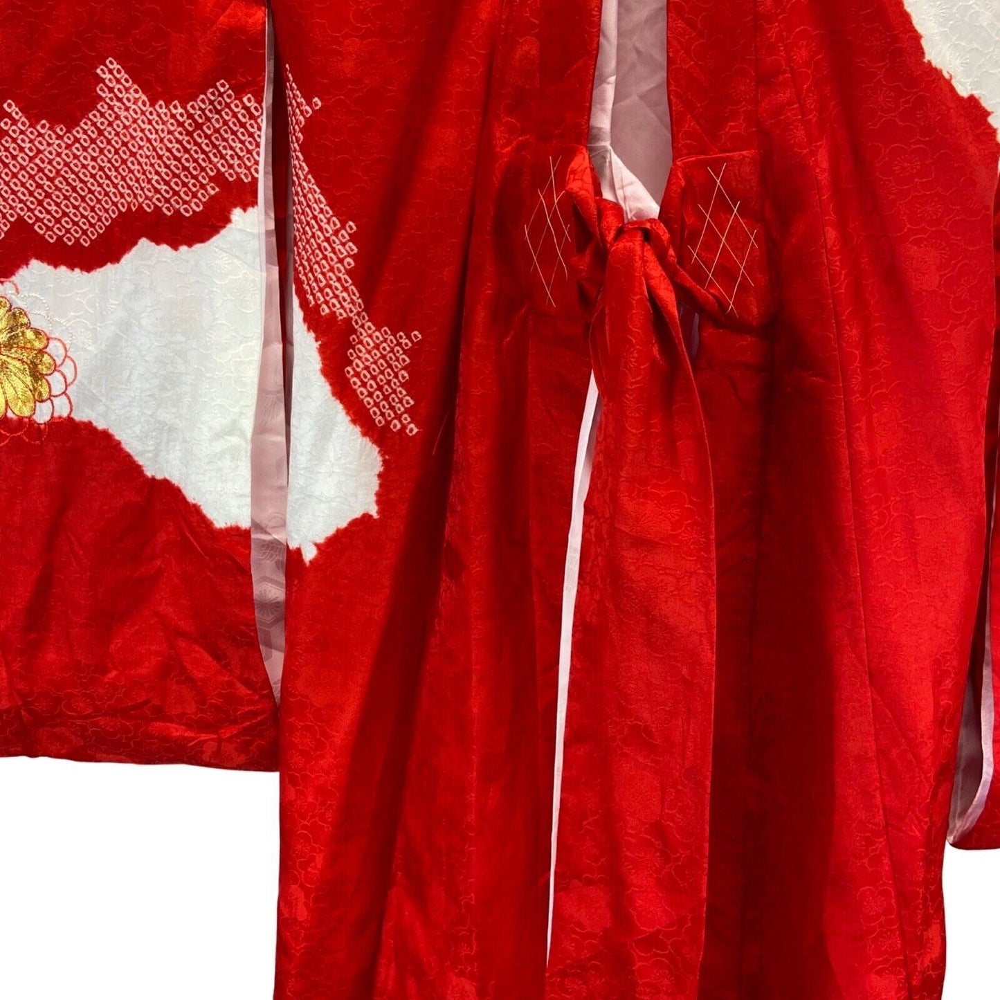 Vintage 70s 80s Red White Gold Floral Embroidered Haori Kimono 6 XS