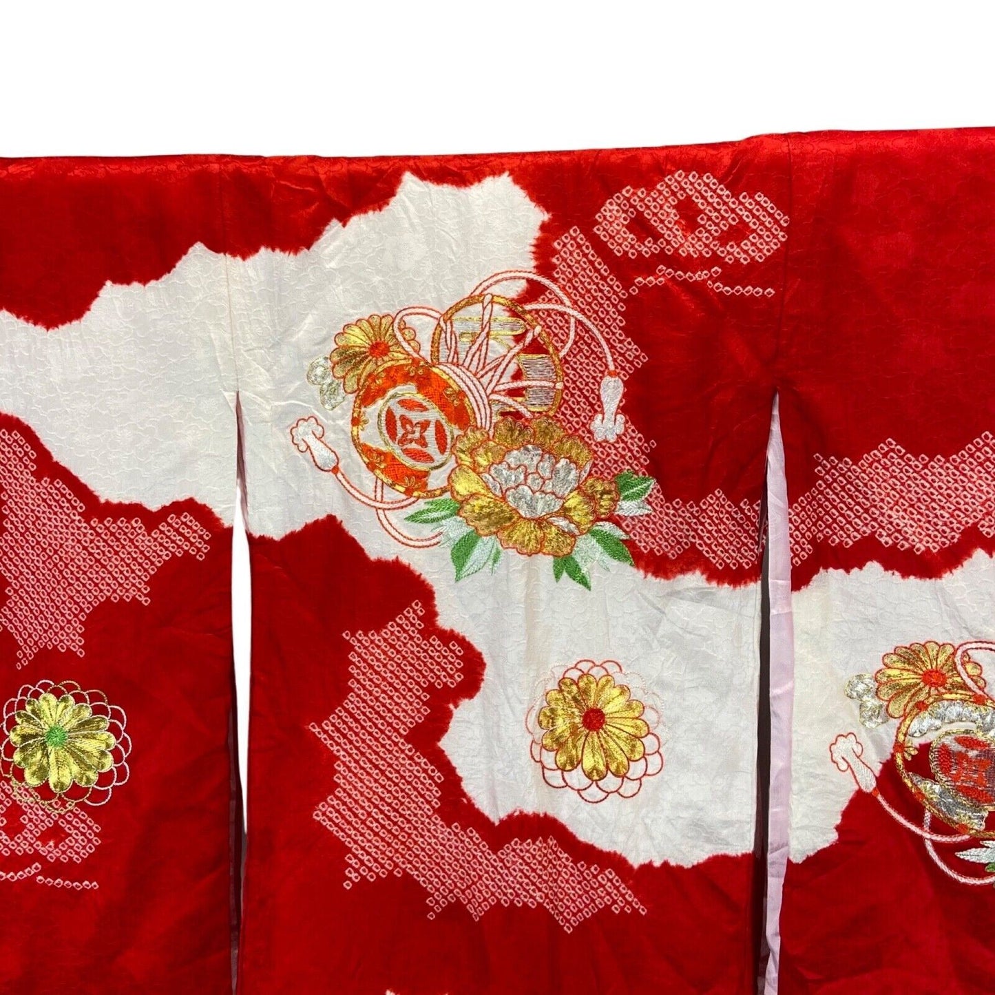 Vintage 70s 80s Red White Gold Floral Embroidered Haori Kimono 6 XS