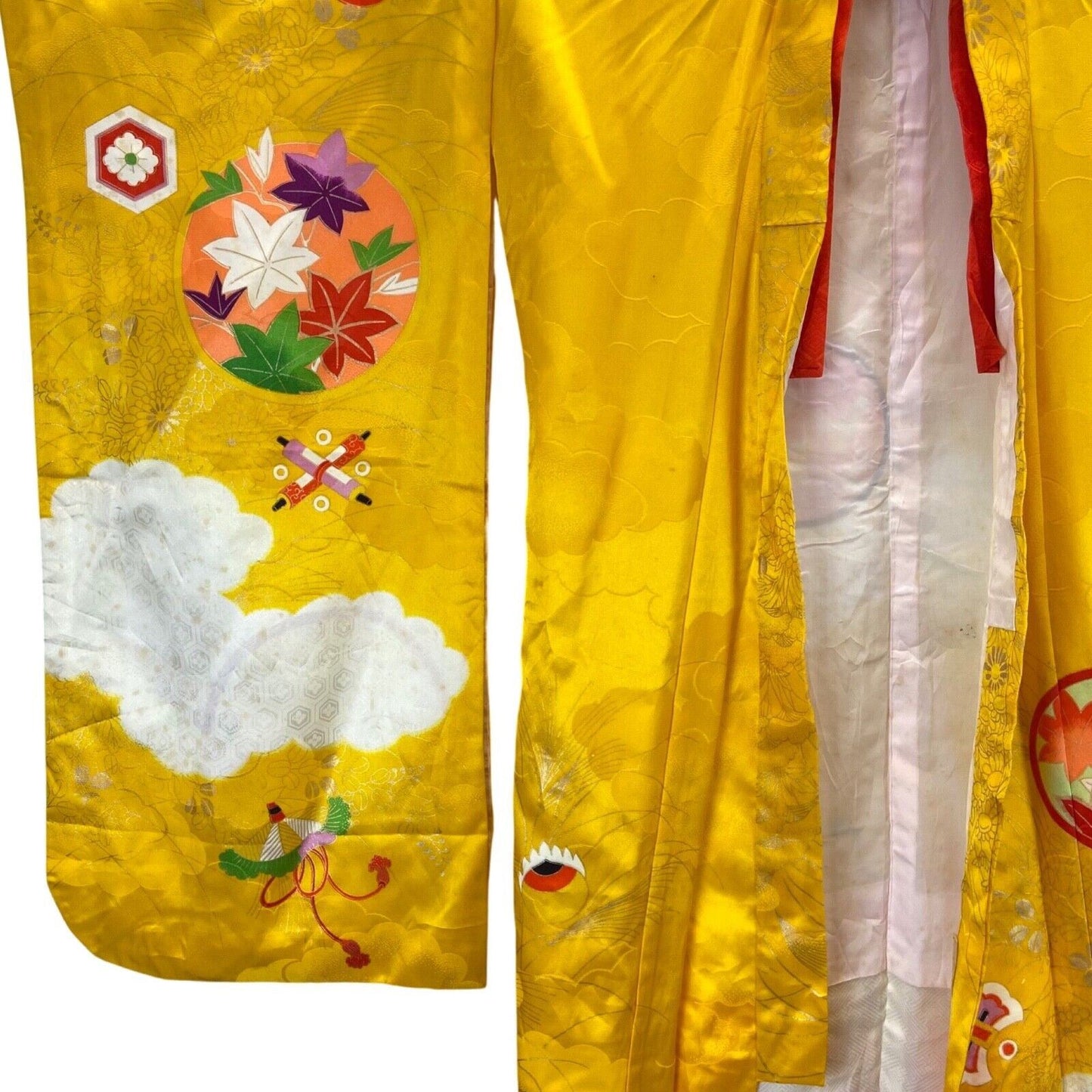 Vintage 70s 80s Yellow Orange Floral Geometric Komon Showa Kimono 12 M
