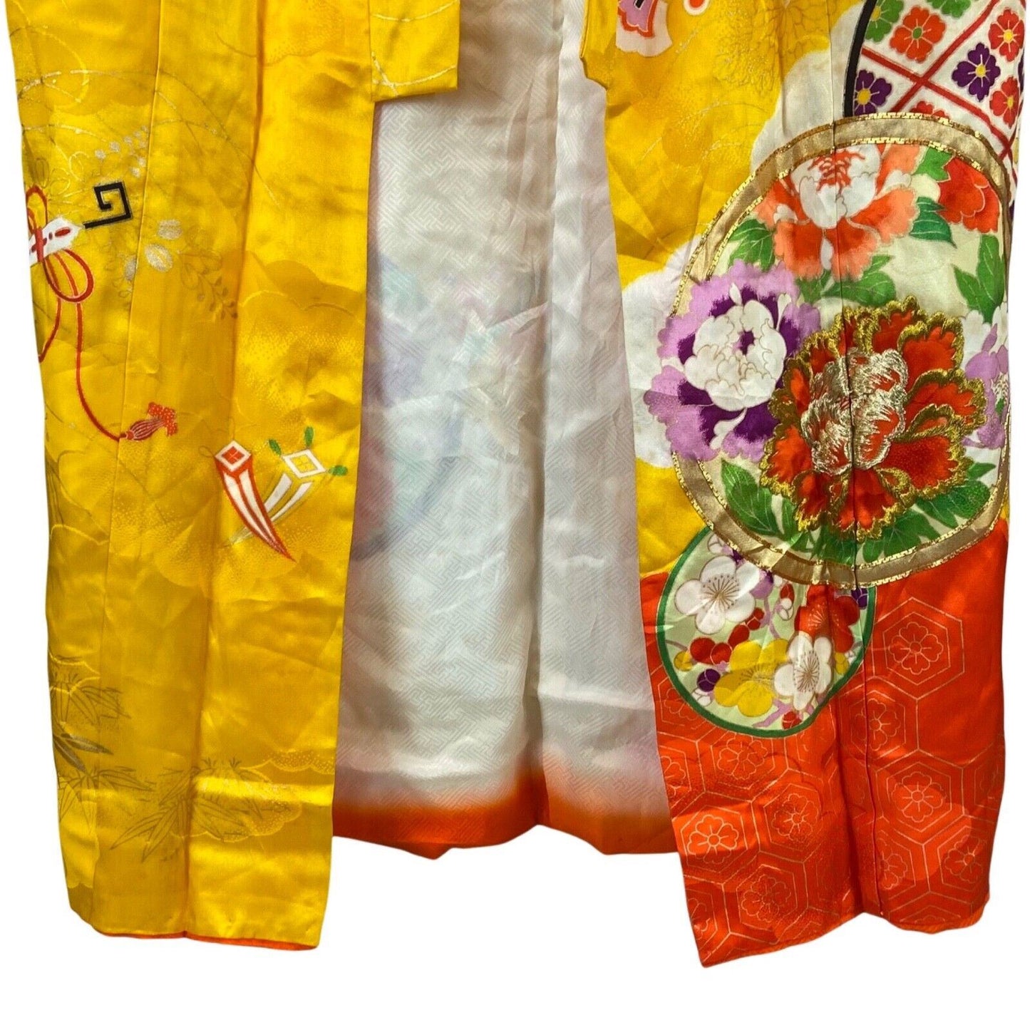 Vintage 70s 80s Yellow Orange Floral Geometric Komon Showa Kimono 12 M