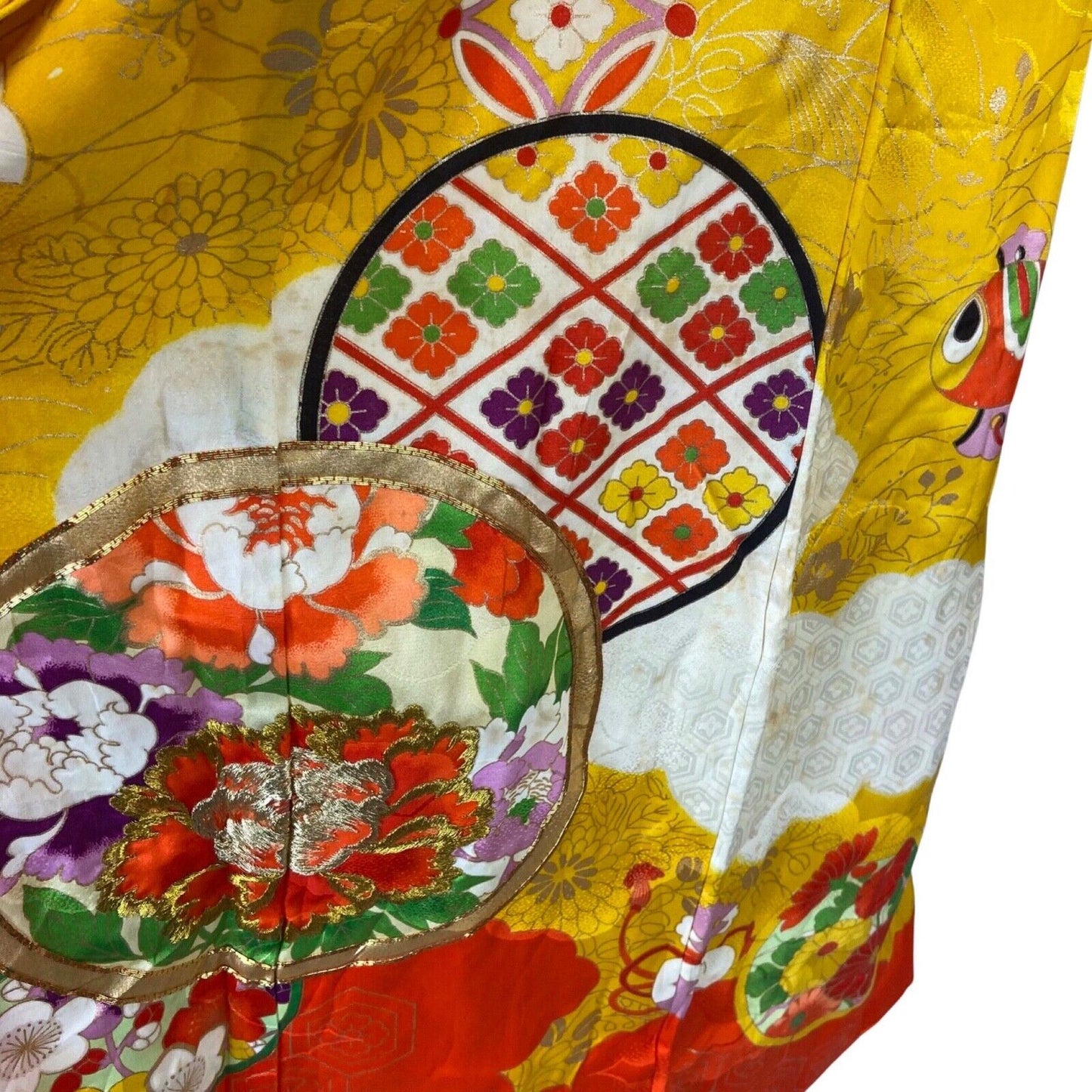 Vintage 70s 80s Yellow Orange Floral Geometric Komon Showa Kimono 12 M