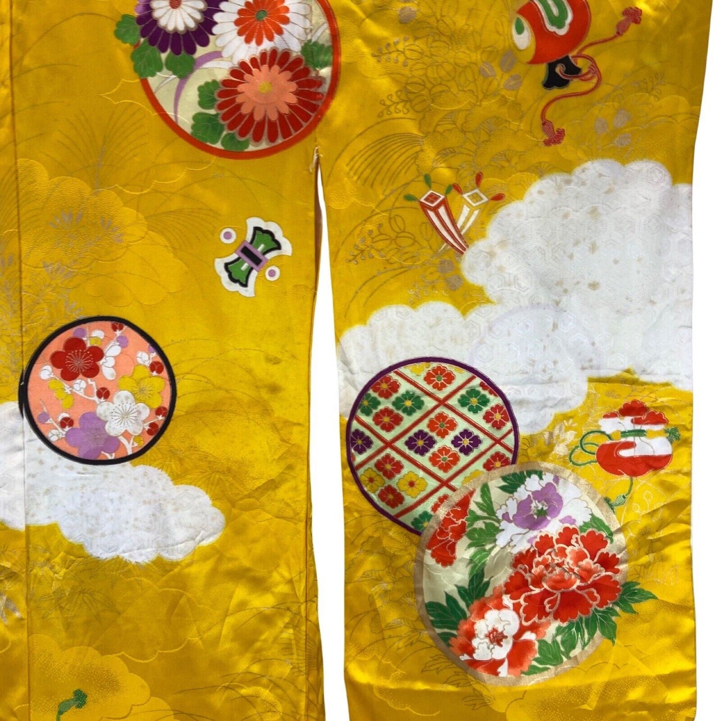 Vintage 70s 80s Yellow Orange Floral Geometric Komon Showa Kimono 12 M
