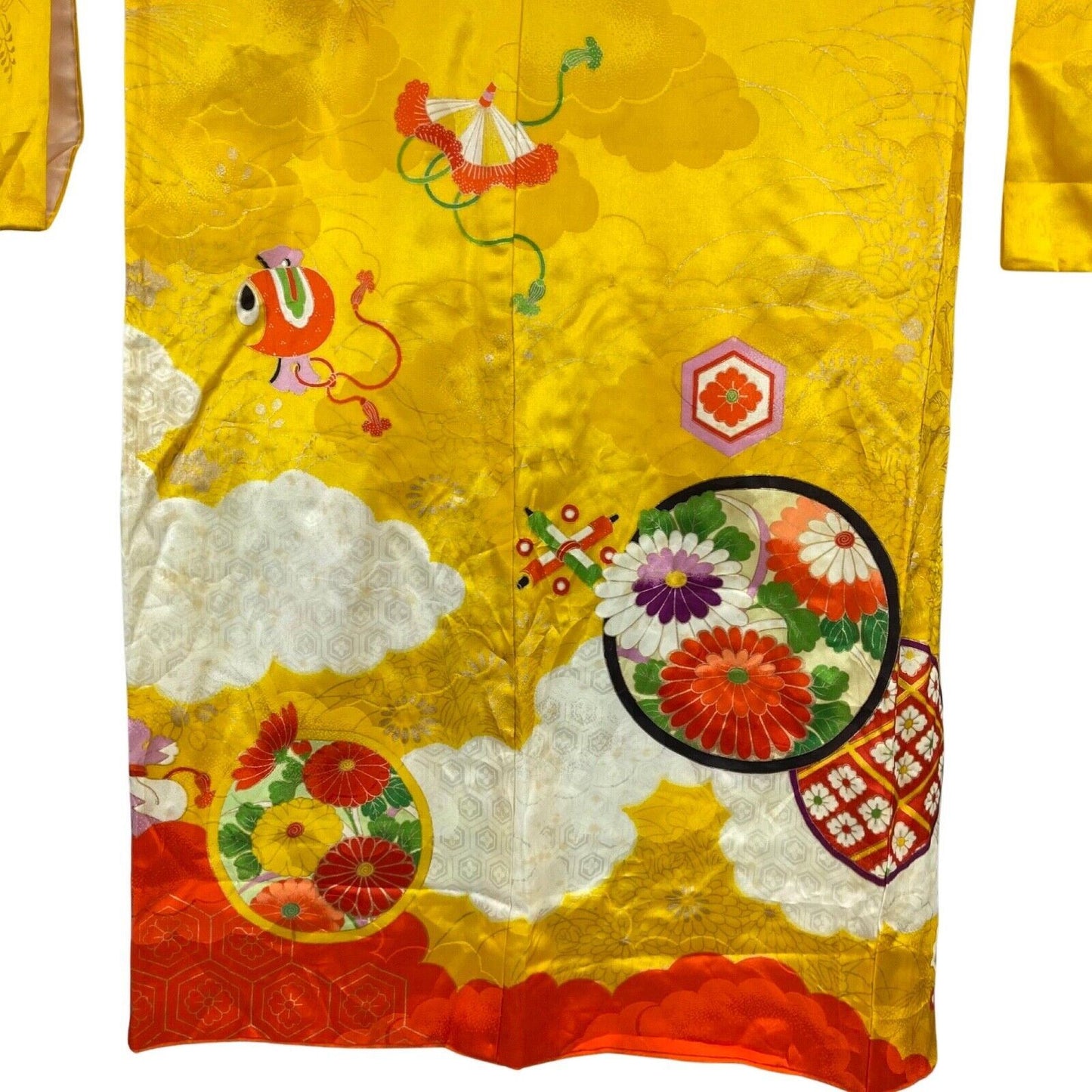 Vintage 70s 80s Yellow Orange Floral Geometric Komon Showa Kimono 12 M