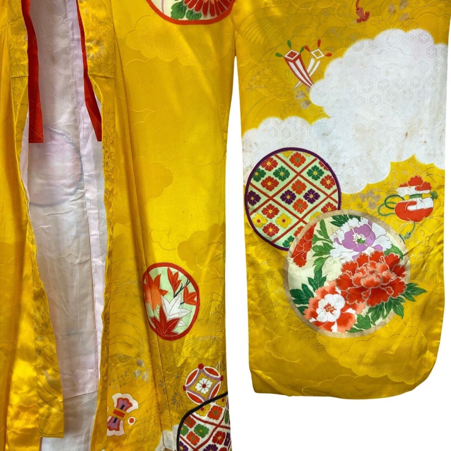 Vintage 70s 80s Yellow Orange Floral Geometric Komon Showa Kimono 12 M