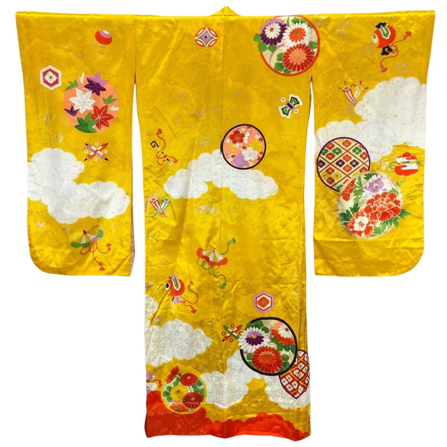 Vintage 70s 80s Yellow Orange Floral Geometric Komon Showa Kimono 12 M