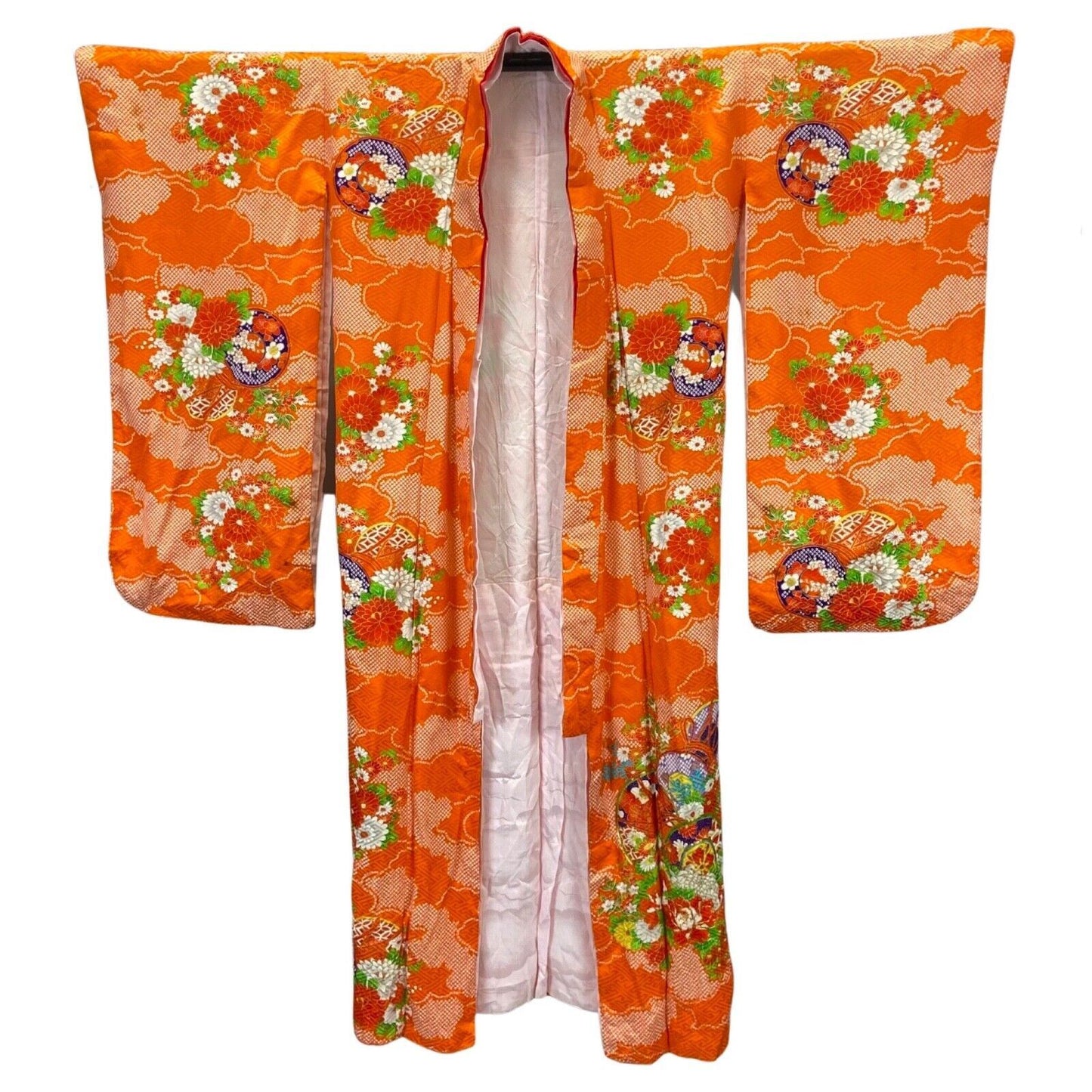 Vintage 80s 90s Orange White Silk Geometric Floral Komon Kimono 12 M