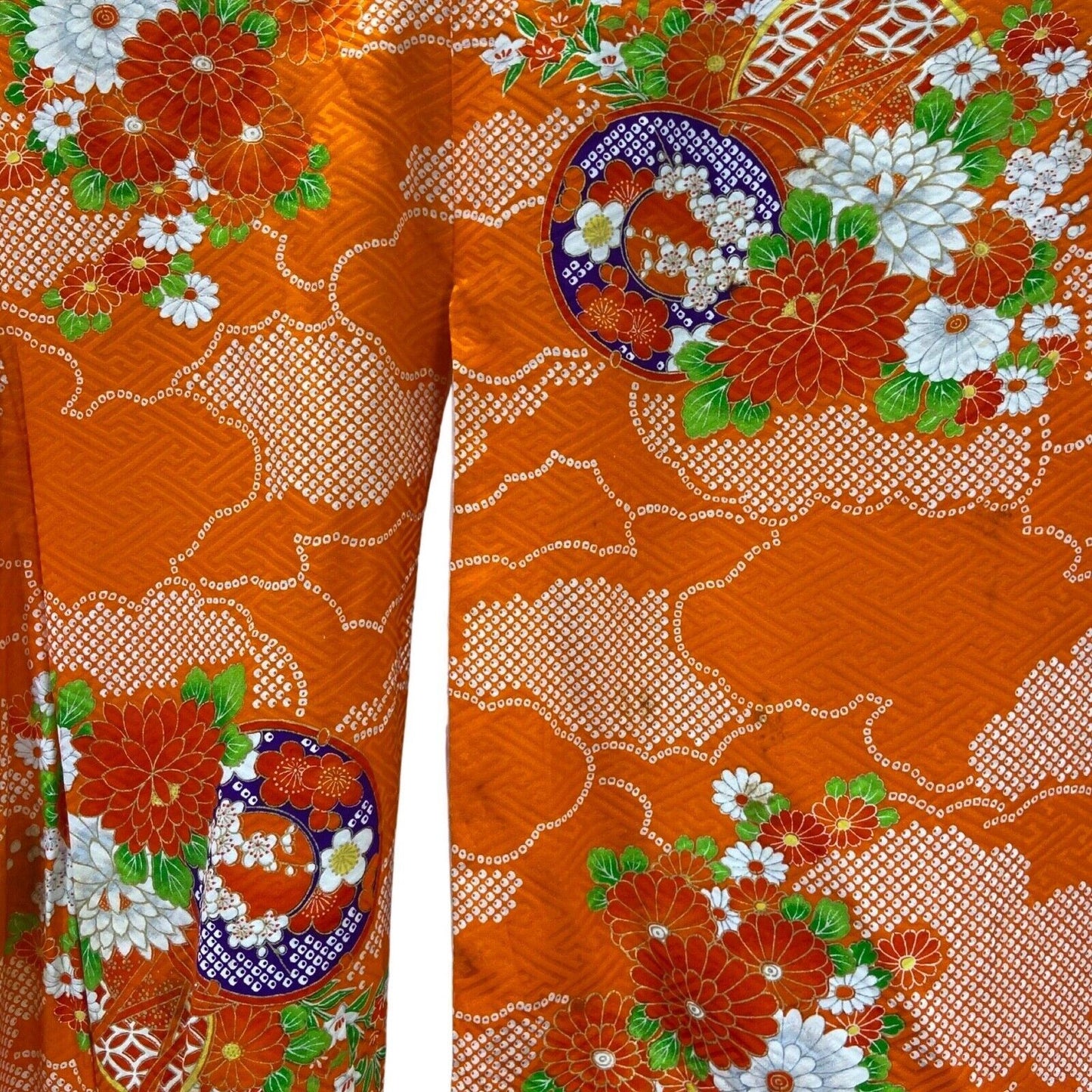 Vintage 80s 90s Orange White Silk Geometric Floral Komon Kimono 12 M