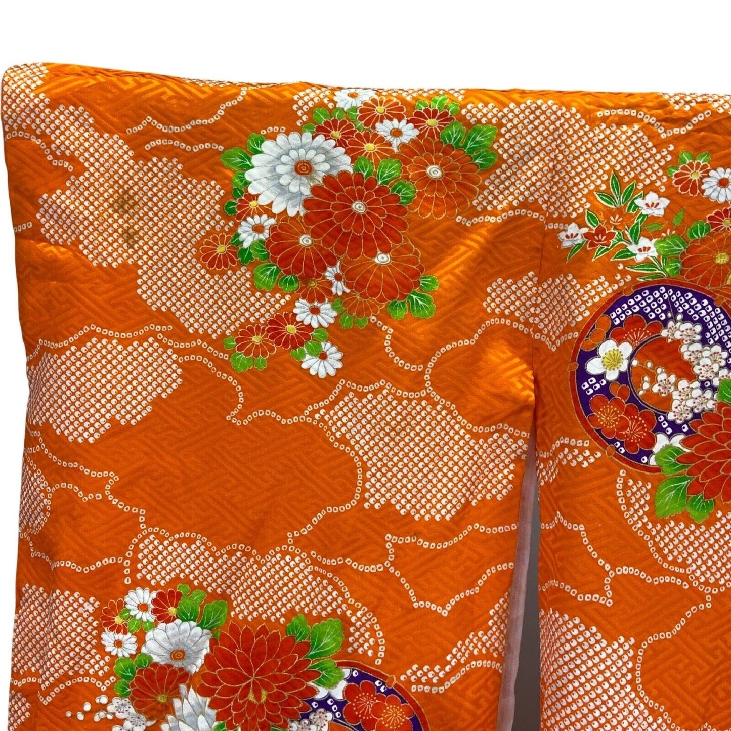 Vintage 80s 90s Orange White Silk Geometric Floral Komon Kimono 12 M