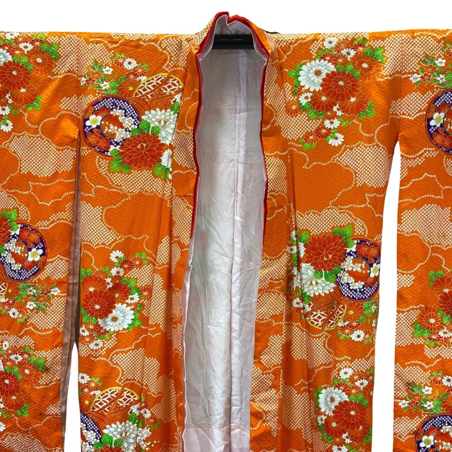 Vintage 80s 90s Orange White Silk Geometric Floral Komon Kimono 12 M