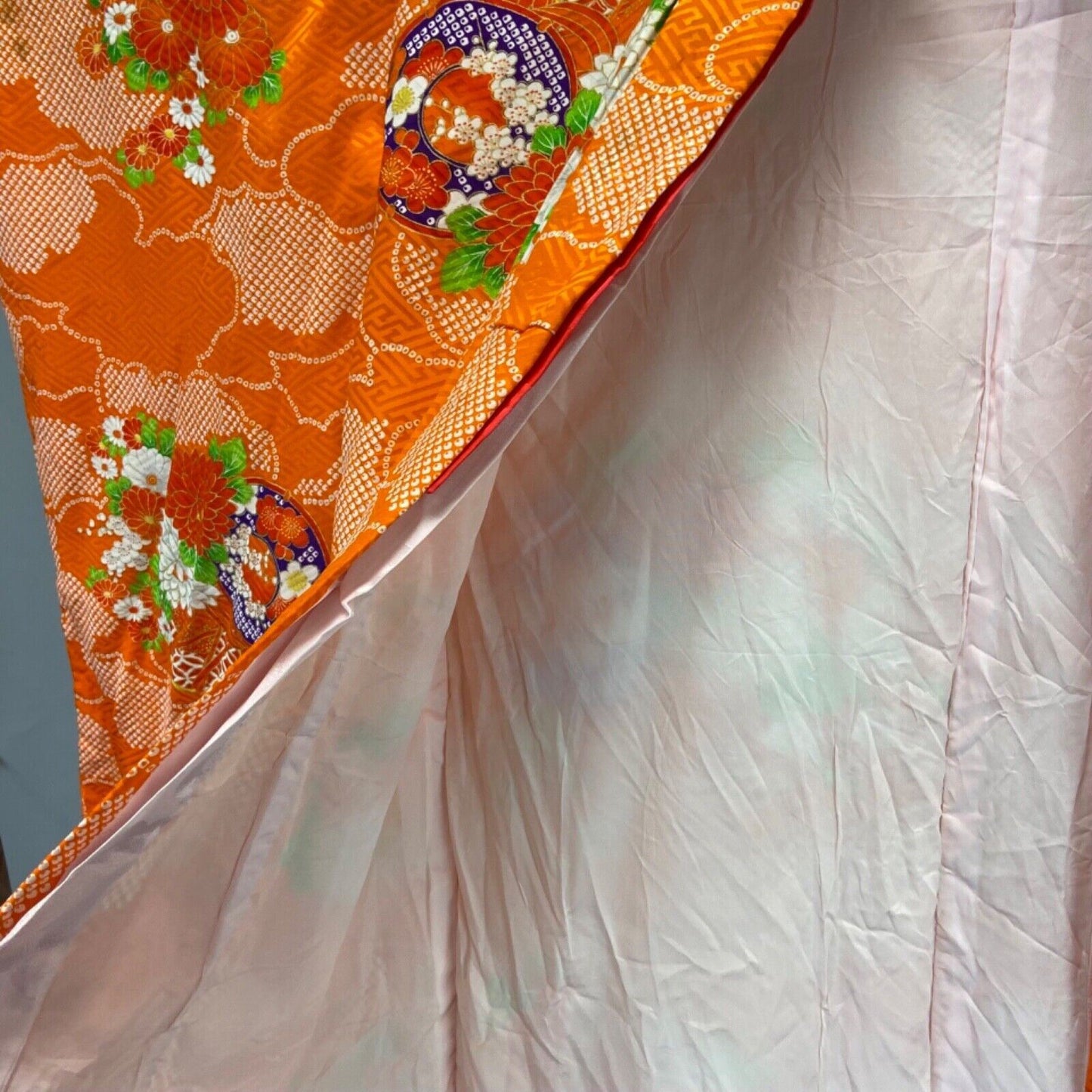 Vintage 80s 90s Orange White Silk Geometric Floral Komon Kimono 12 M