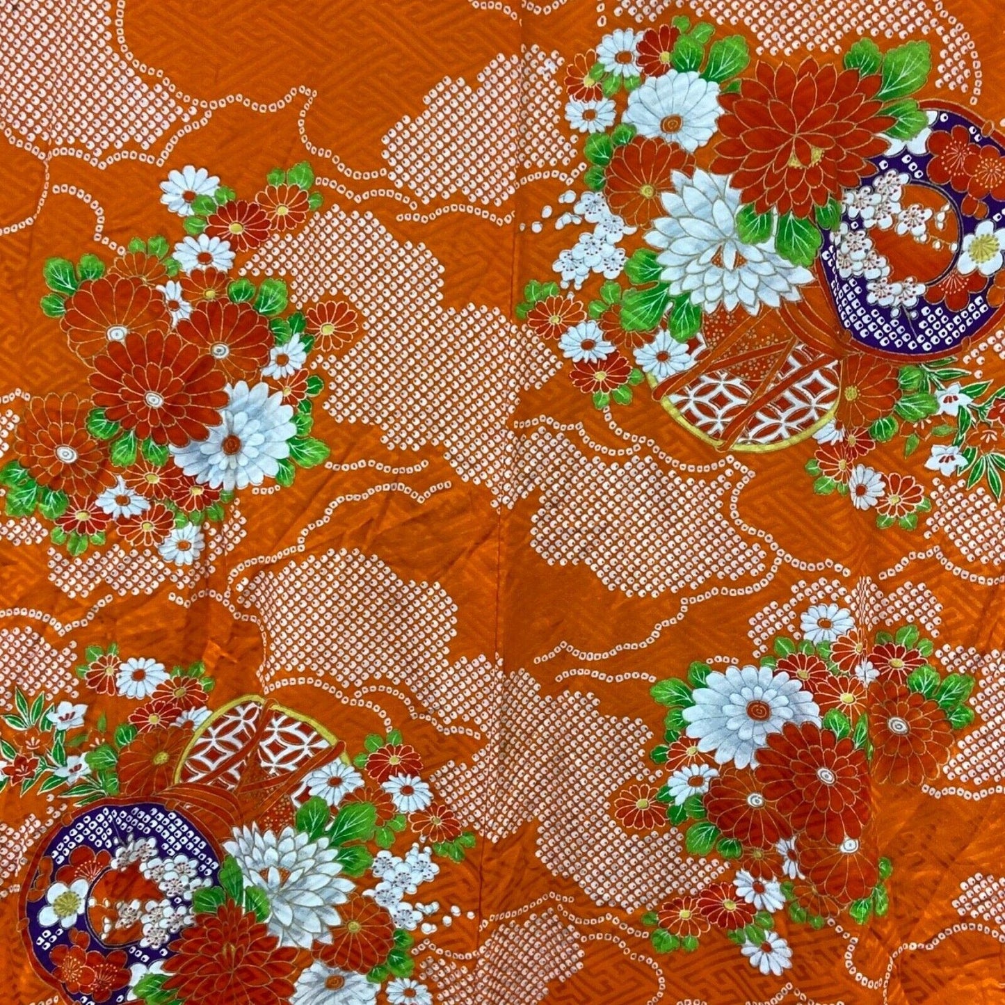 Vintage 80s 90s Orange White Silk Geometric Floral Komon Kimono 12 M