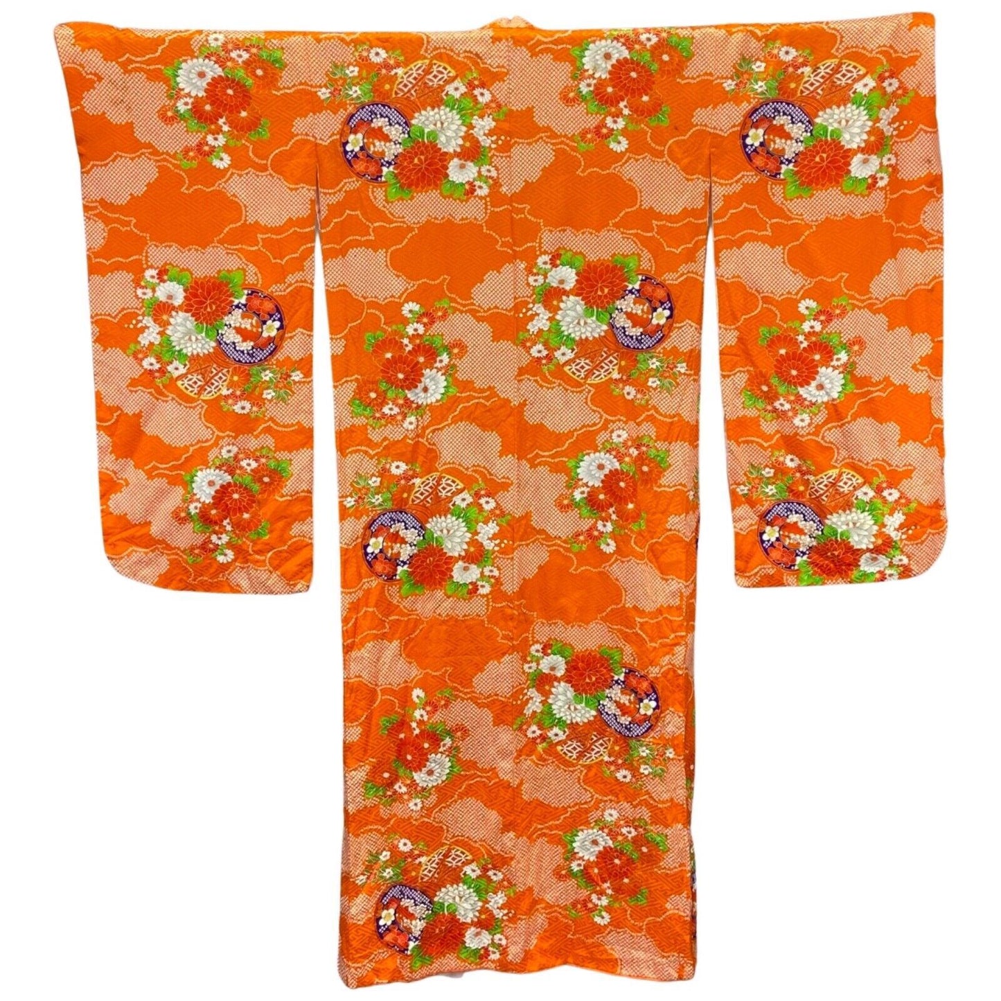 Vintage 80s 90s Orange White Silk Geometric Floral Komon Kimono 12 M