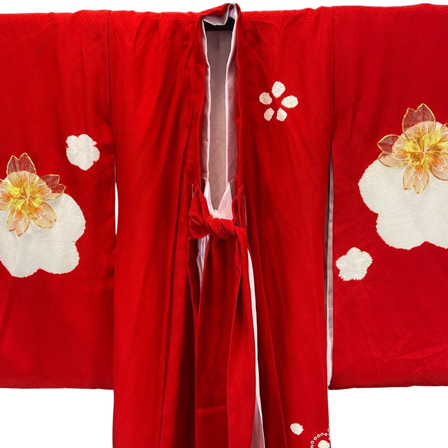 VTG 80s 90s Red White Gold Silk Geometric Pattern Embroidered Haori Kimono XS