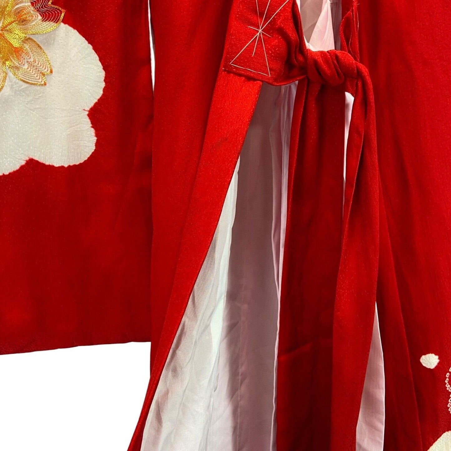 VTG 80s 90s Red White Gold Silk Geometric Pattern Embroidered Haori Kimono XS