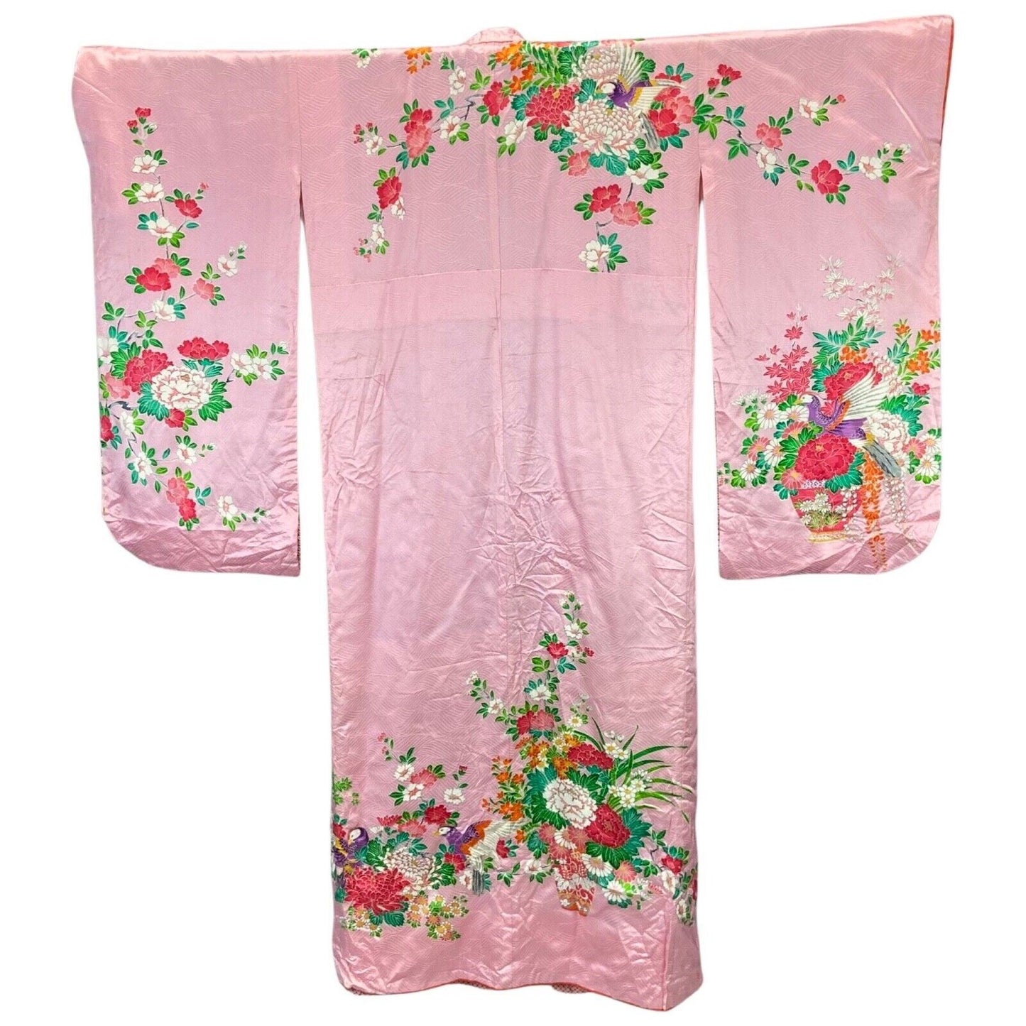 Vintage 90s Pink Green Silk Blend Embroidered Floral Patterned Kimono 12 14 M