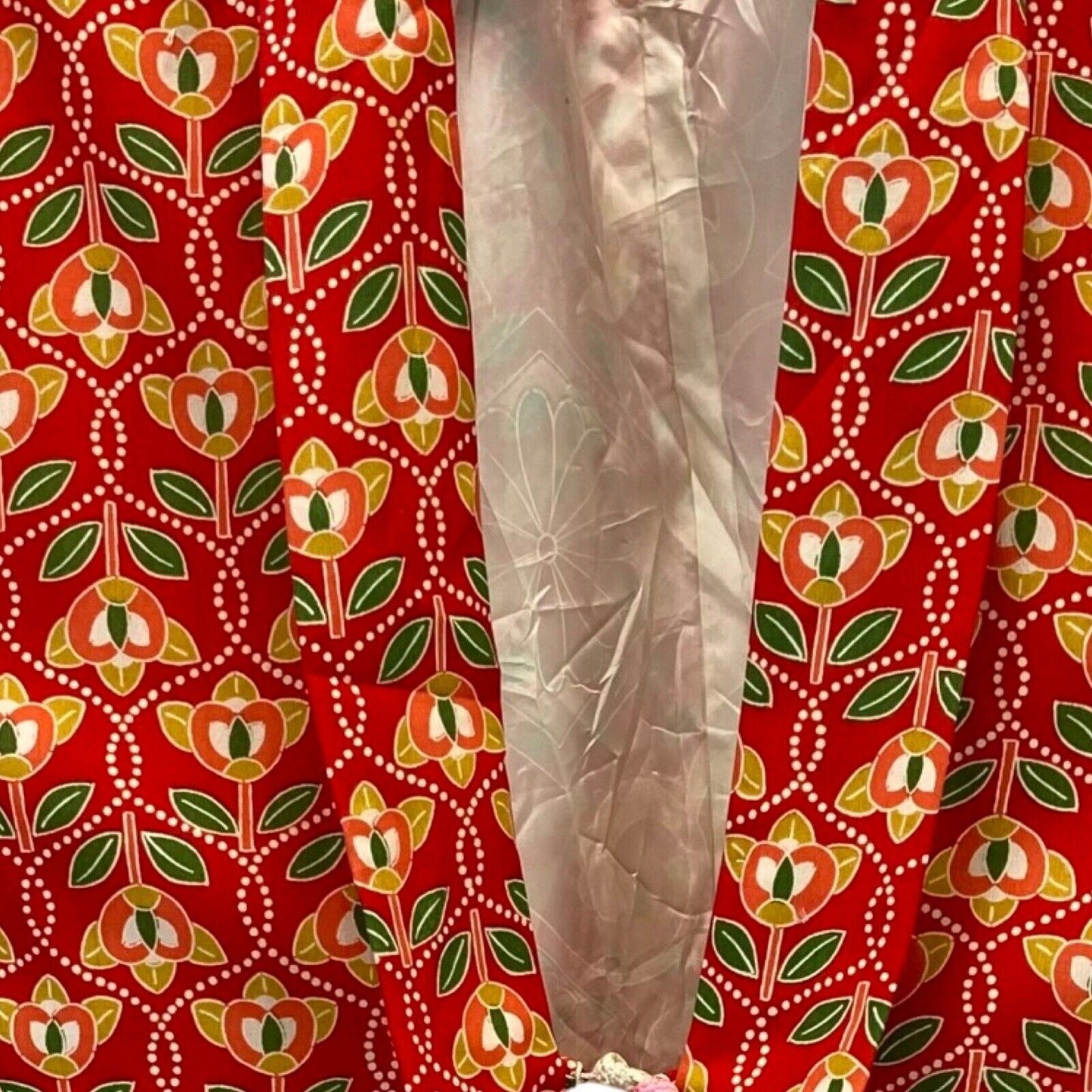 Vintage 80s 90s Red Floral Geometric Pattern Komon Haori Showa Kimono 8 10 S