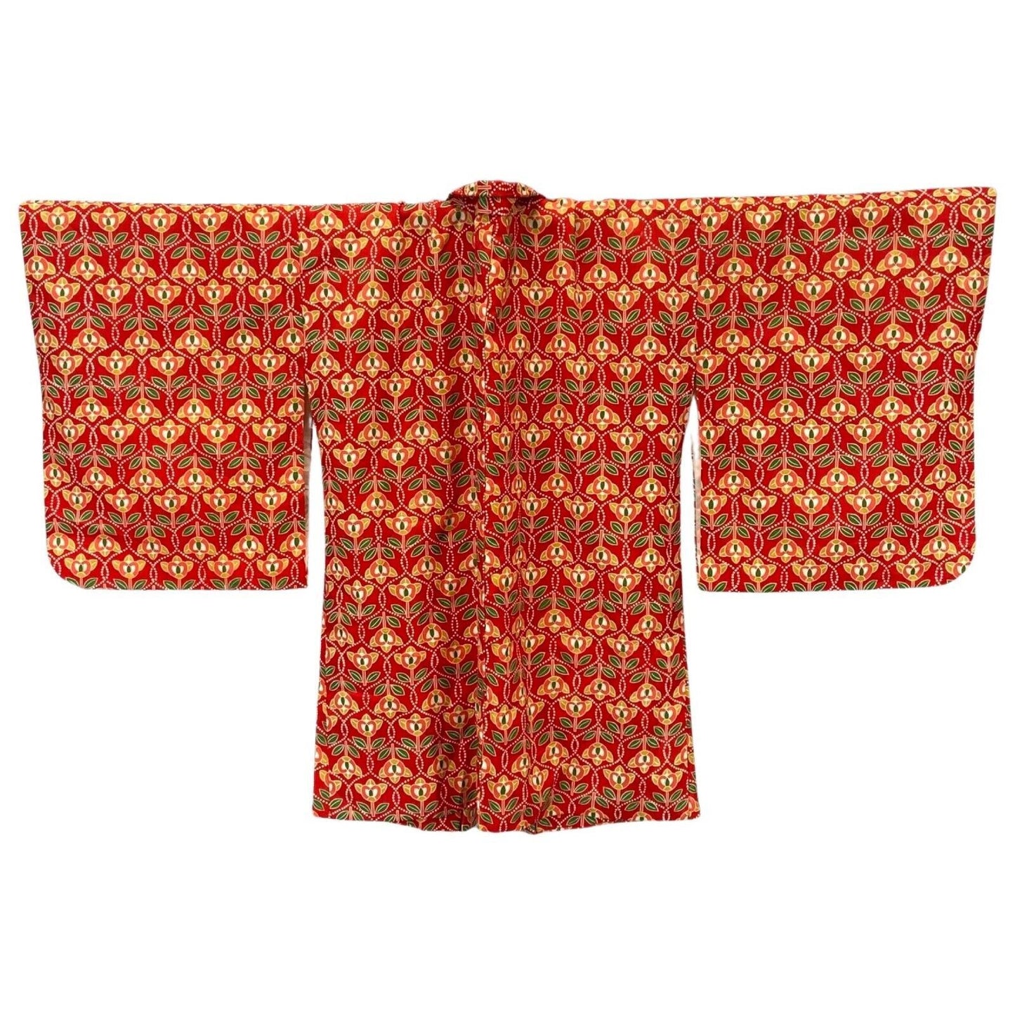 Vintage 80s 90s Red Floral Geometric Pattern Komon Haori Showa Kimono 8 10 S