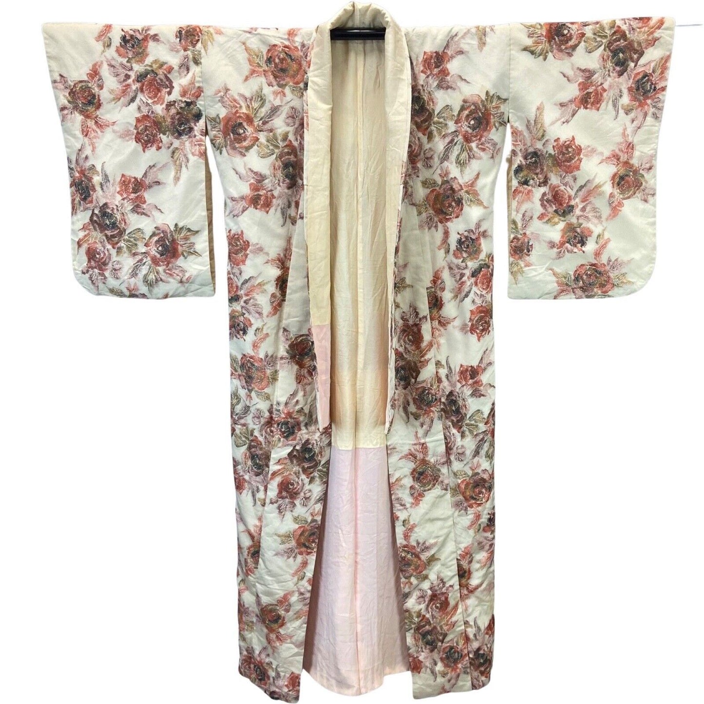 Vintage 70s 80s Cream Pink Flroal Glittery Sparkly Komon Kimono XL