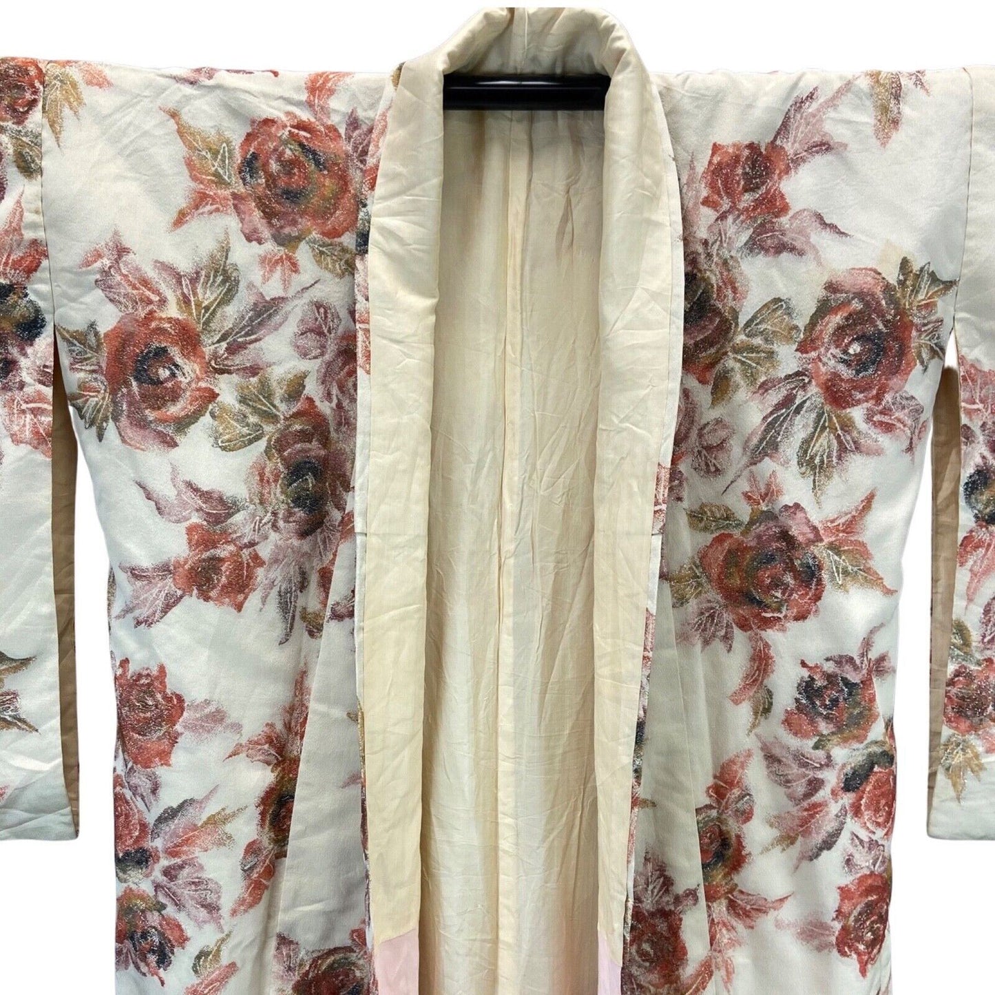 Vintage 70s 80s Cream Pink Flroal Glittery Sparkly Komon Kimono XL