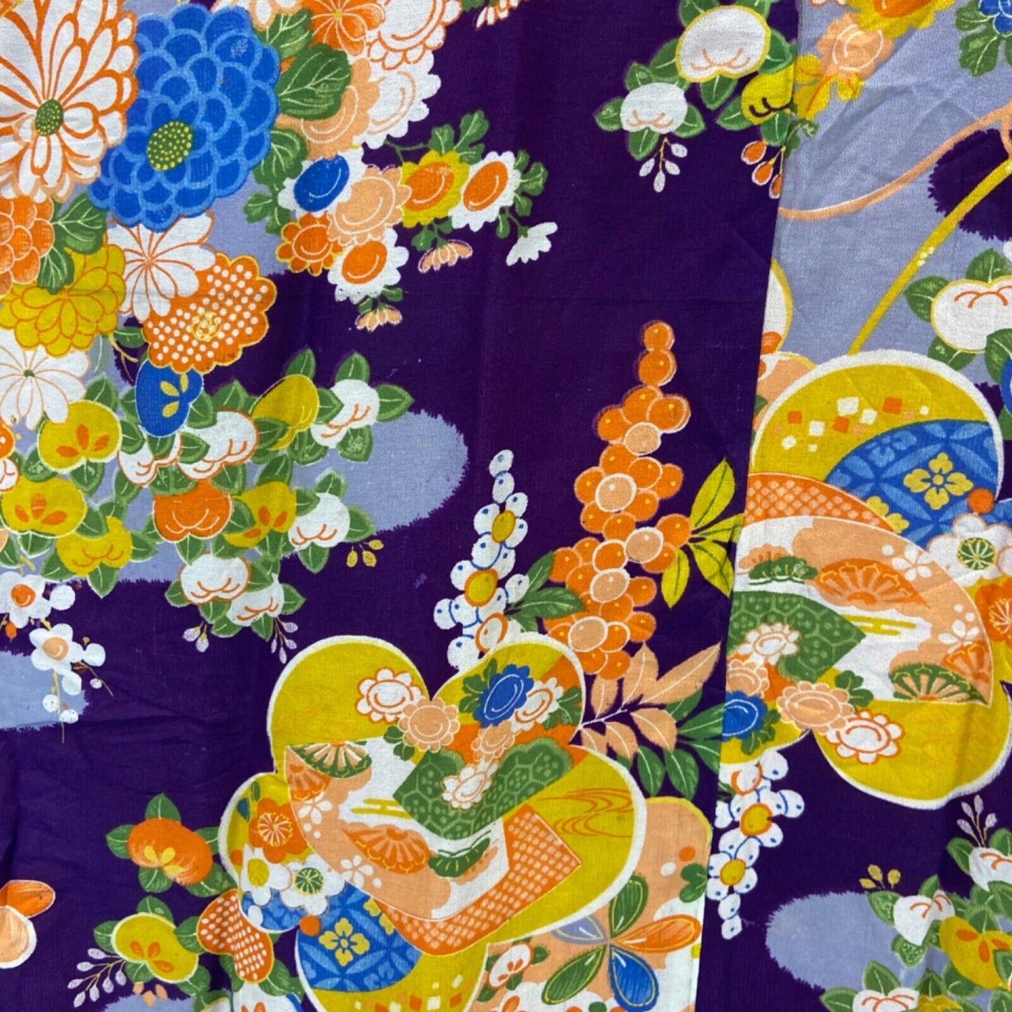 Vintage 60s 70s Purple Yellow Red Silk Floral Komon Showa Kimono 12 M