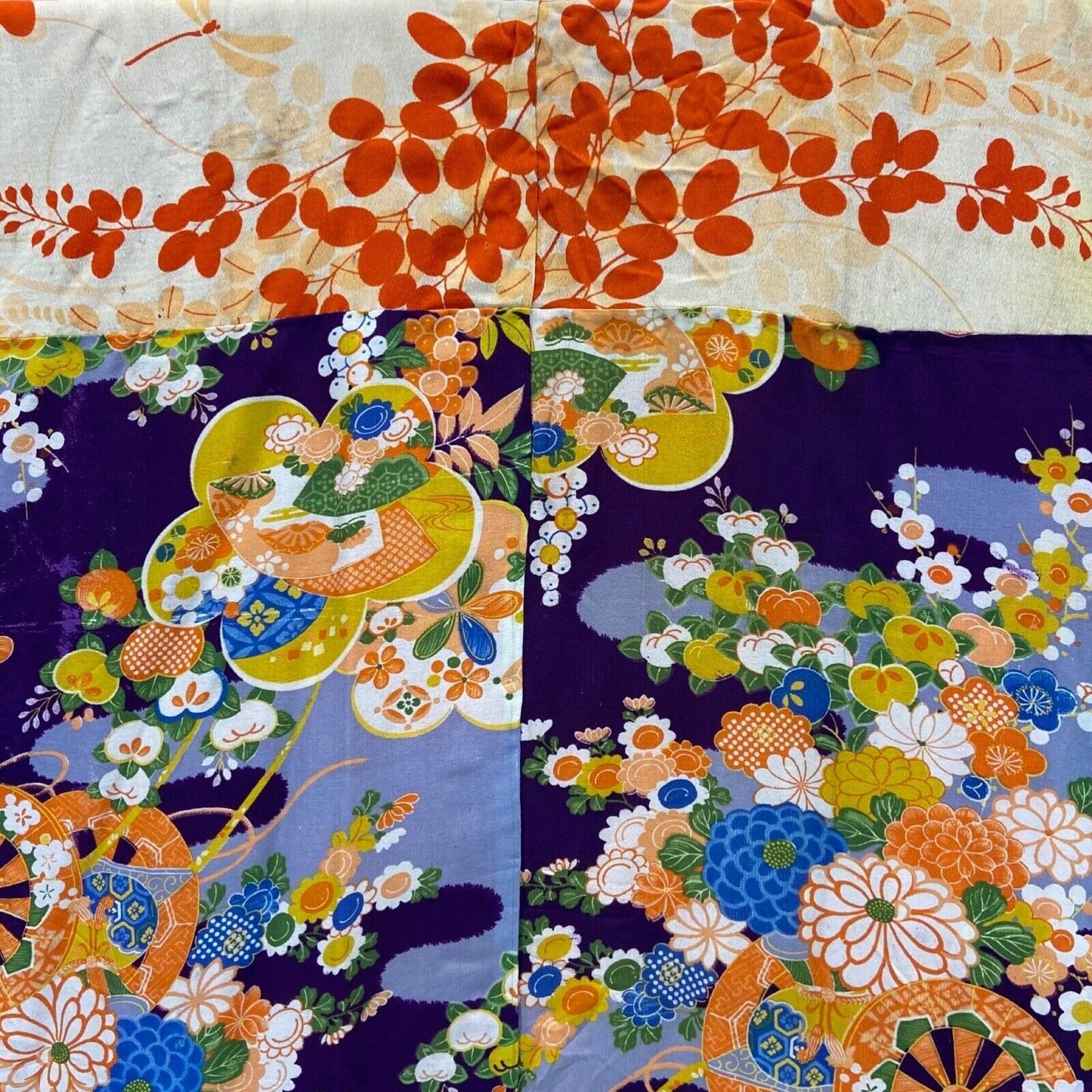 Vintage 60s 70s Purple Yellow Red Silk Floral Komon Showa Kimono 12 M
