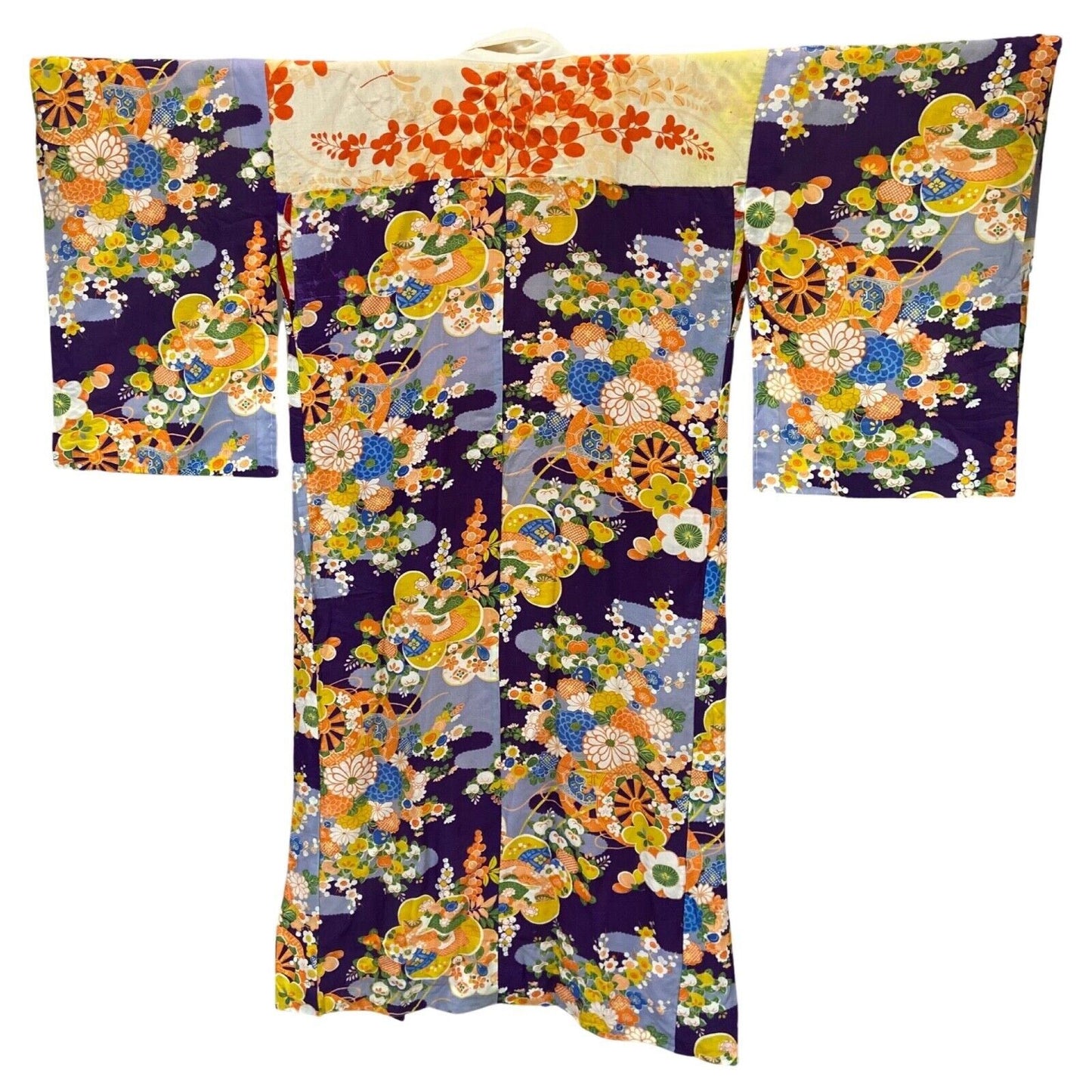 Vintage 60s 70s Purple Yellow Red Silk Floral Komon Showa Kimono 12 M
