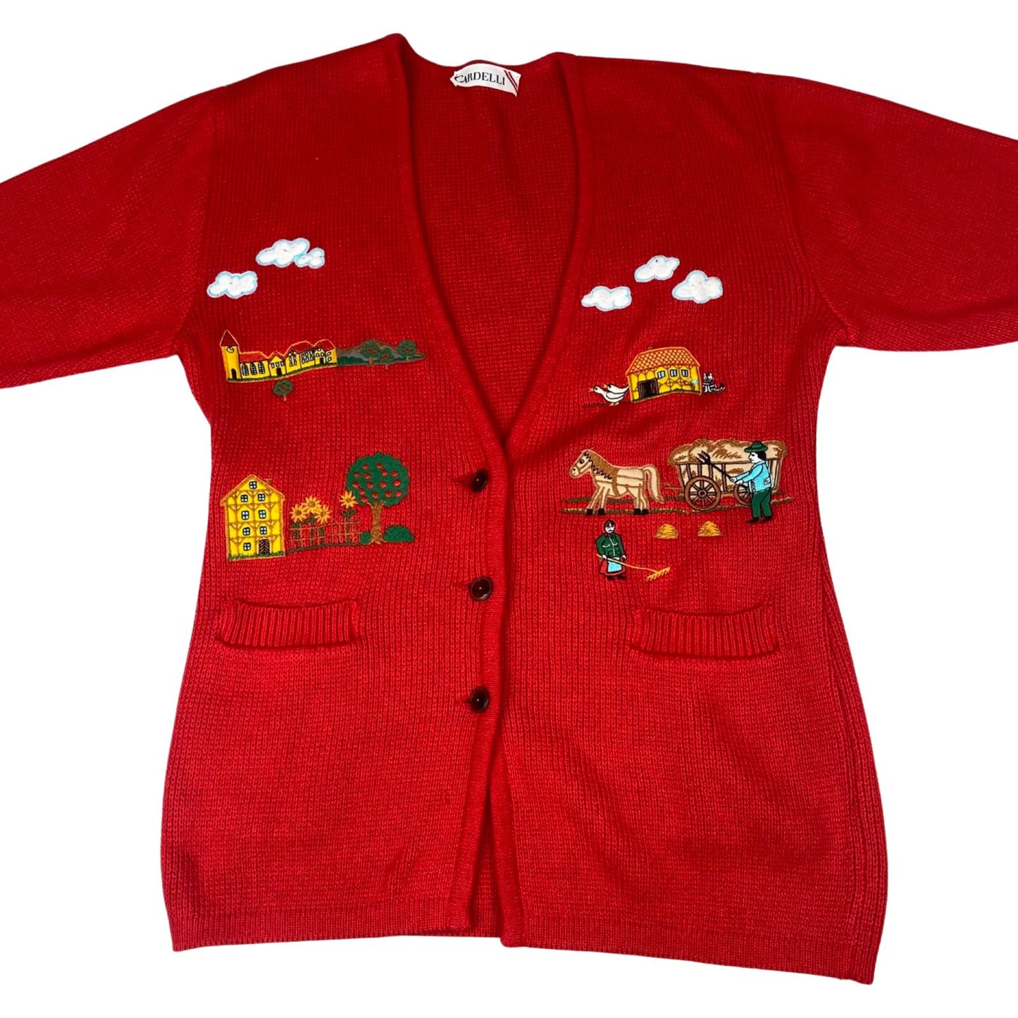 VTG 70s 80s RED WOOL BUTTON GRAPHIC APPLIQUÉ EMBROIDERED FARM SCENE 40” M